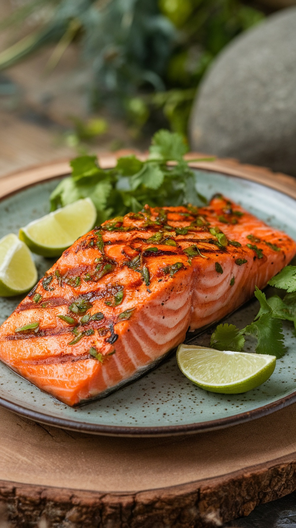 Grilled salmon fillet garnished with cilantro and lime wedges on a plate.