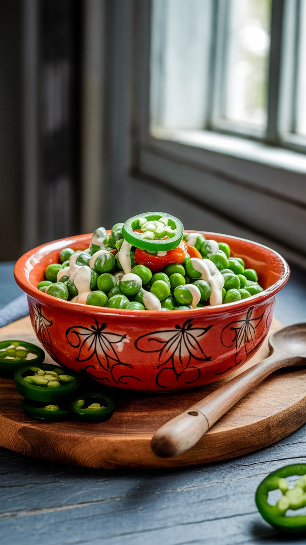 A bowl of spicy creamy pea salad topped with jalapenos, sitting on a wooden surface.