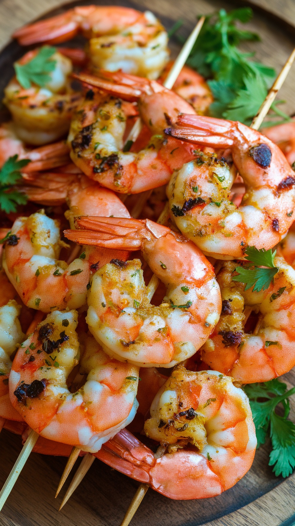 A close-up of spicy garlic grilled shrimp skewers on a wooden platter, garnished with fresh herbs.