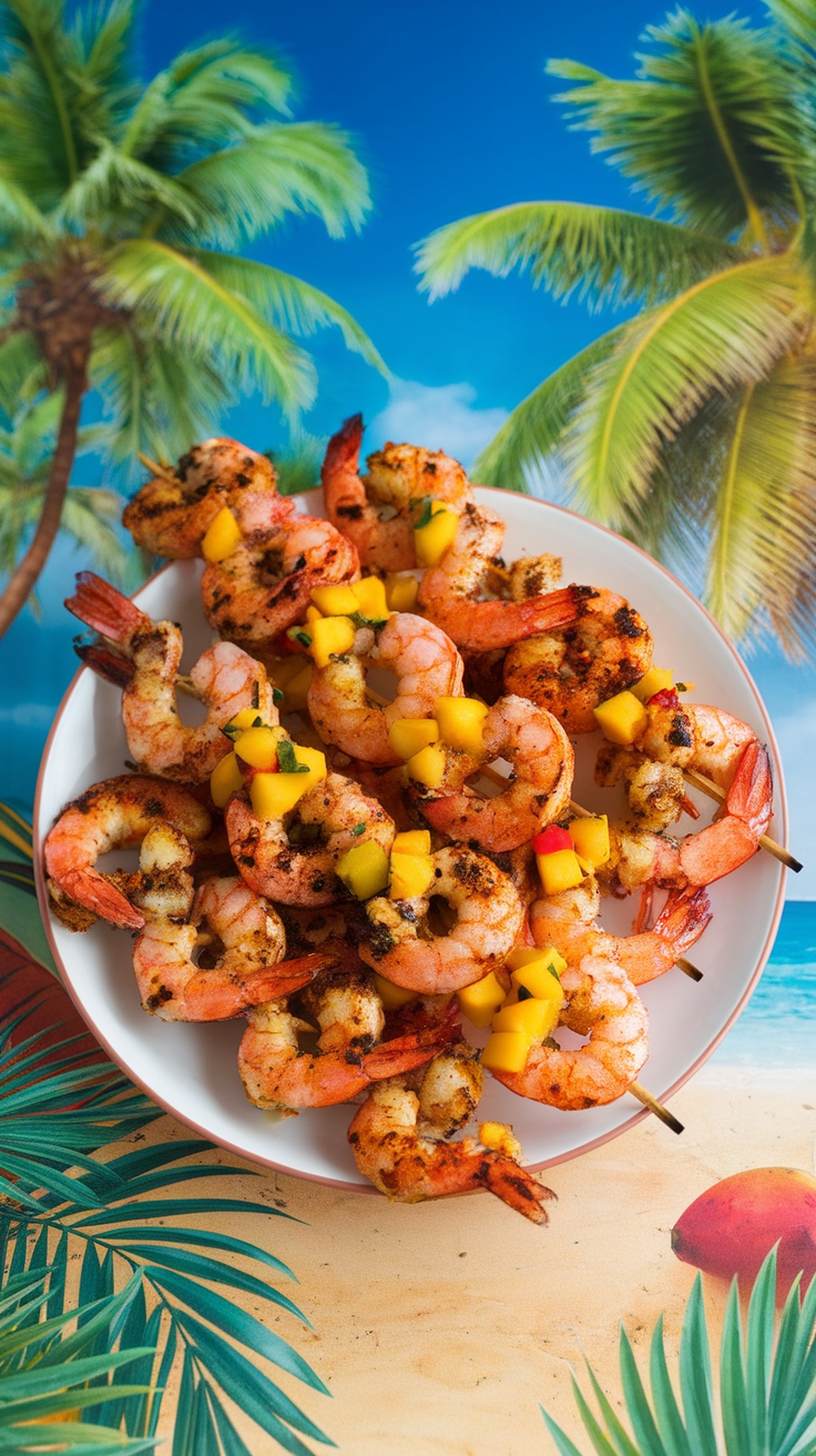 A plate of spicy grilled shrimp skewers topped with mango salsa, set against a tropical beach background.