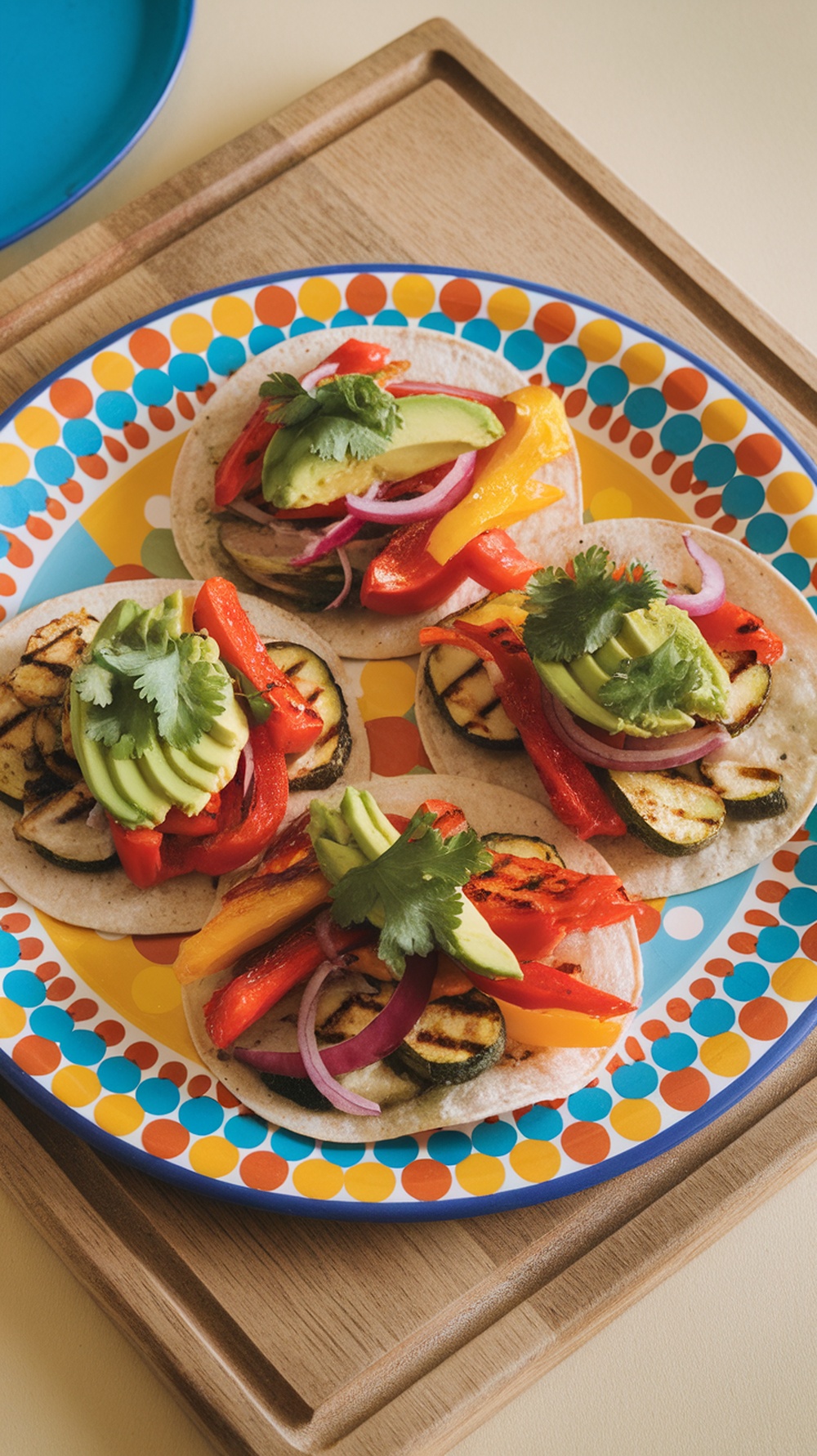 Spicy grilled vegetable tacos with avocado on a colorful plate