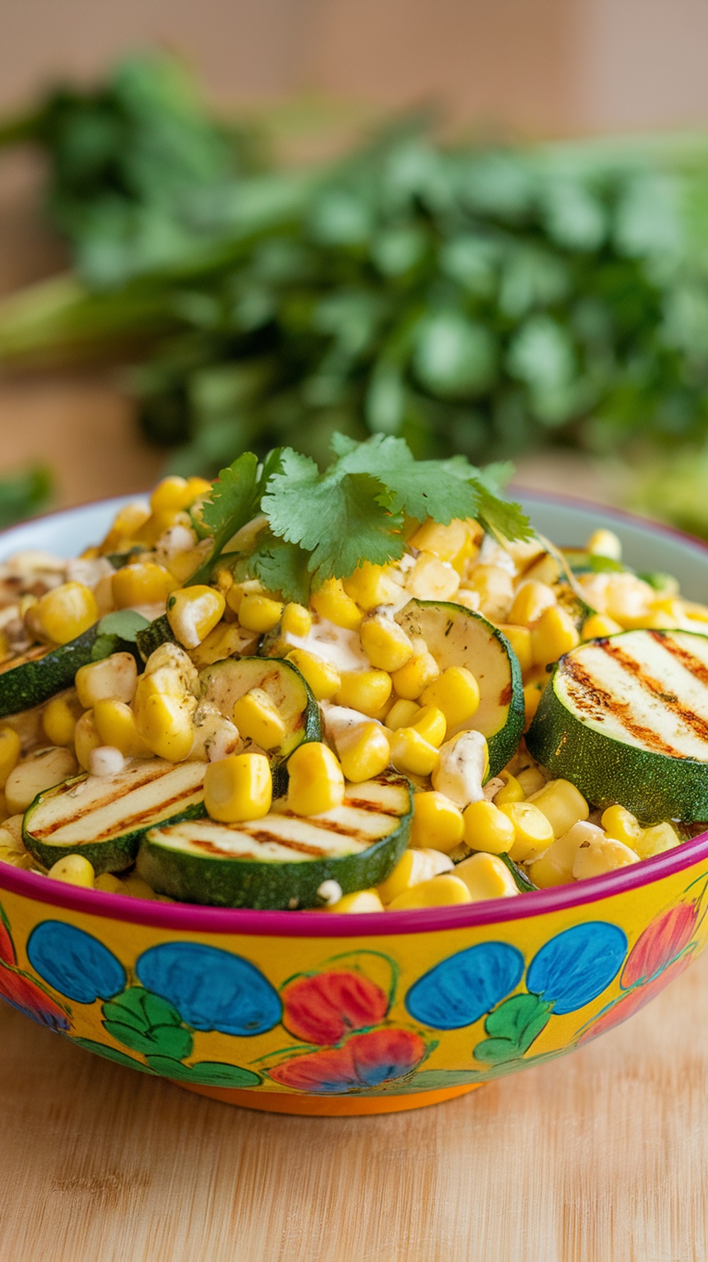 A colorful bowl of spicy grilled zucchini and corn salad garnished with cilantro.