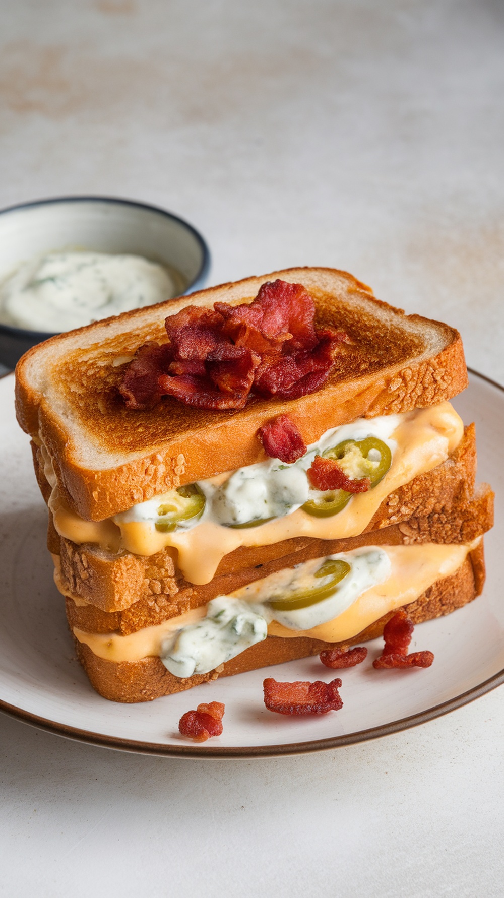 A delicious Spicy Jalapeño Popper Grilled Cheese sandwich stacked on a plate with crispy bacon on top.