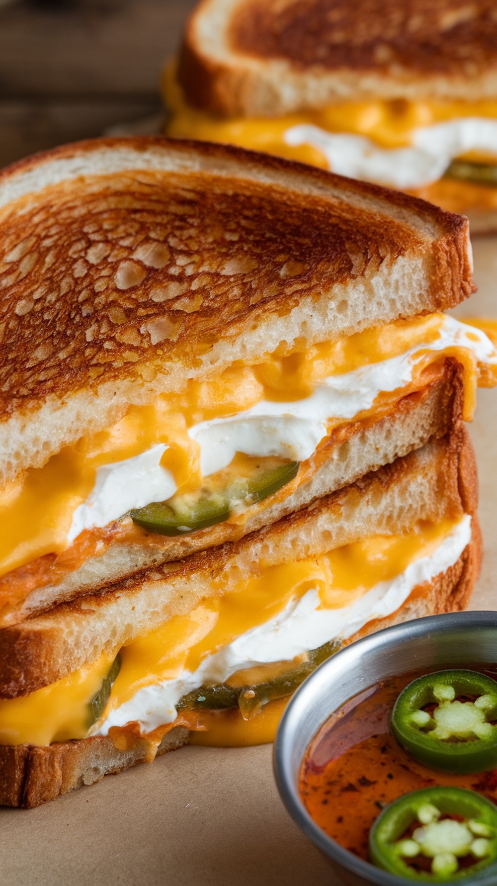 A close-up of a spicy jalapeño popper grilled cheese sandwich, showcasing melted cheese and jalapeño slices.