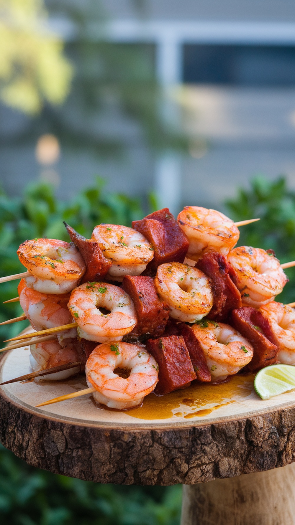 Spicy Shrimp and Chorizo Kabobs stacked on a wooden platter