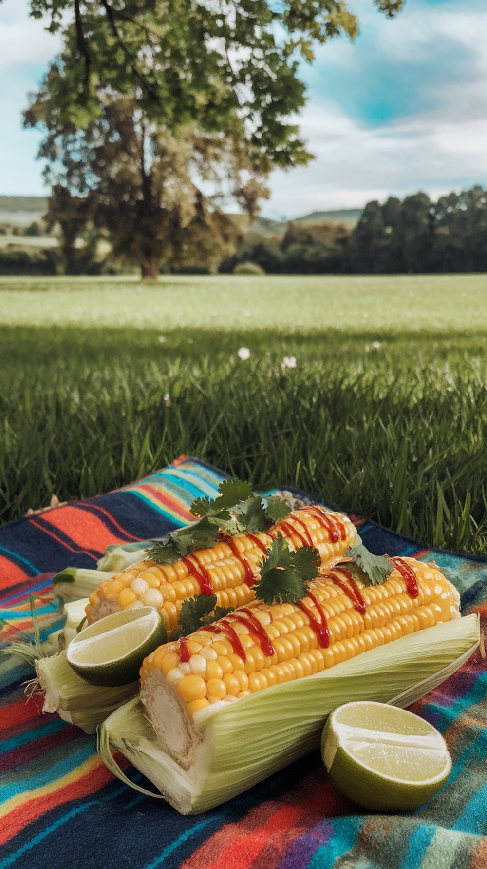Grilled corn on the cob with Sriracha and lime on a colorful blanket in a grassy field.