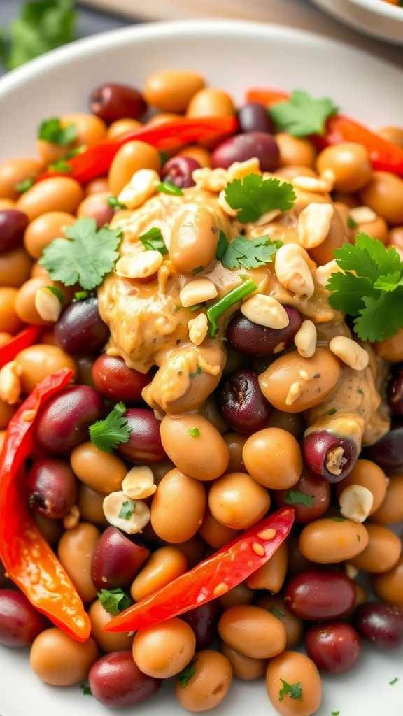 A colorful Spicy Thai Bean Salad with various beans, peppers, and peanuts in a white bowl.