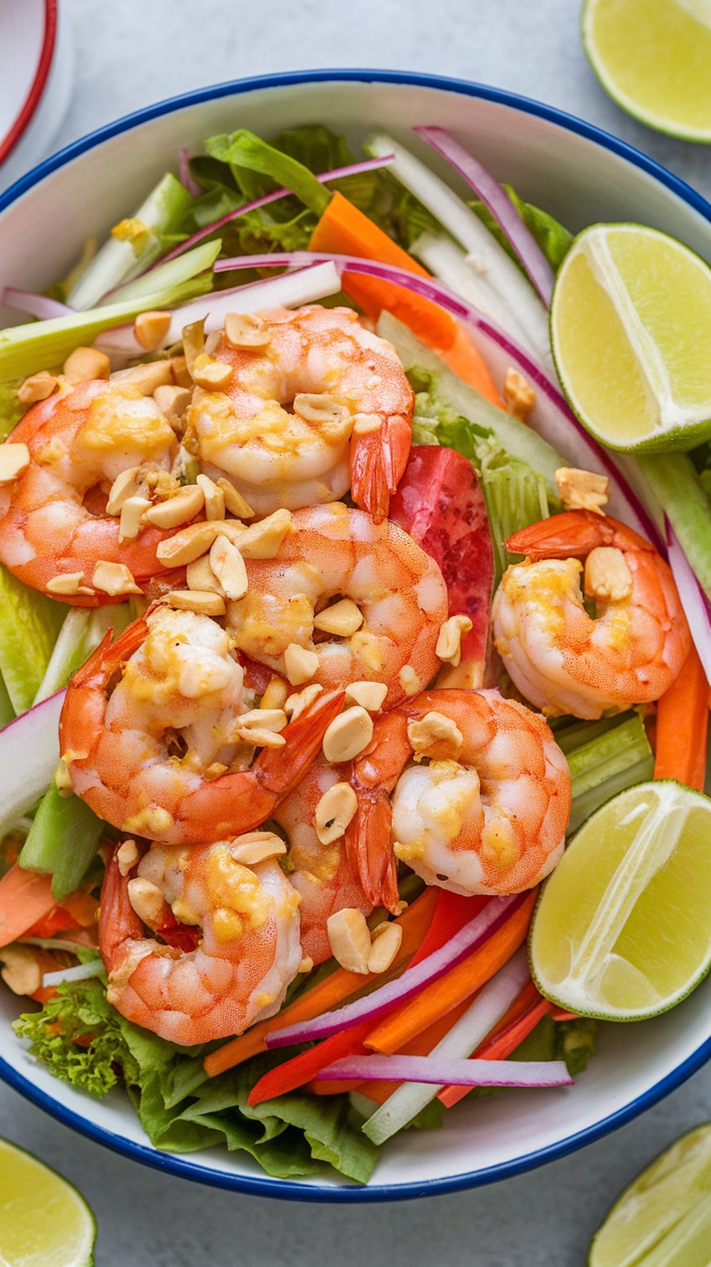 A colorful Spicy Thai Shrimp Salad with shrimp, vegetables, and peanuts in a bowl.