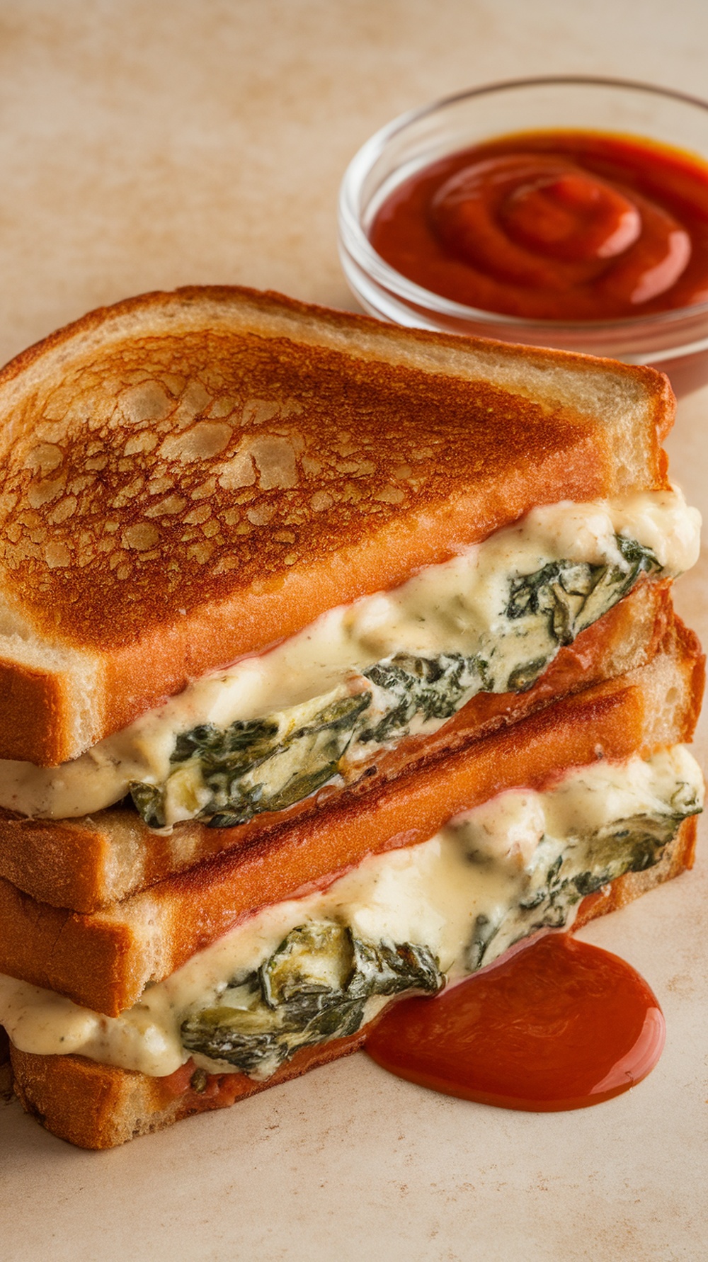 A delicious Spinach and Artichoke Dip Grilled Cheese sandwich served with ketchup.