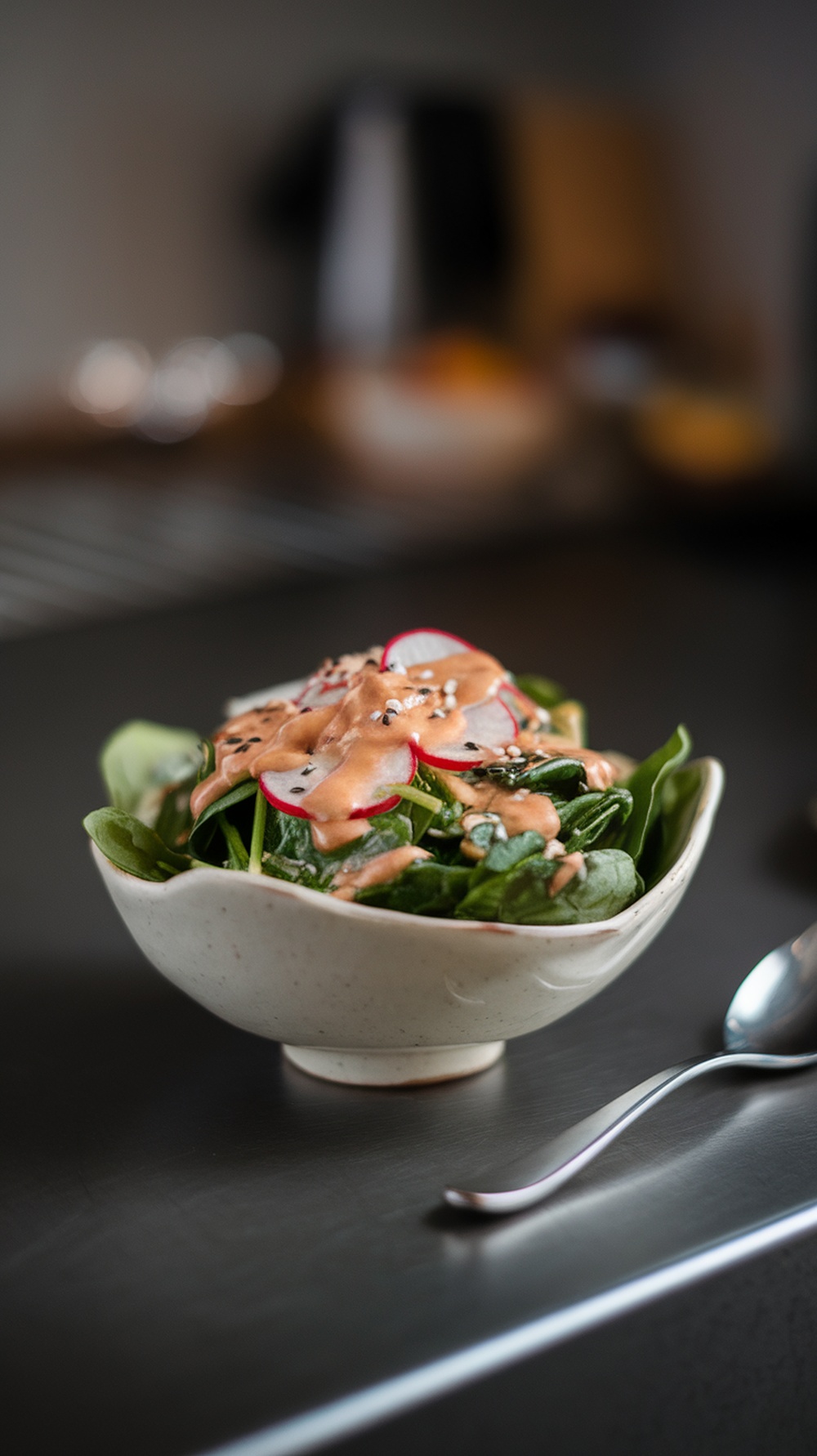 A fresh spinach and radish salad topped with sesame dressing in a white bowl.