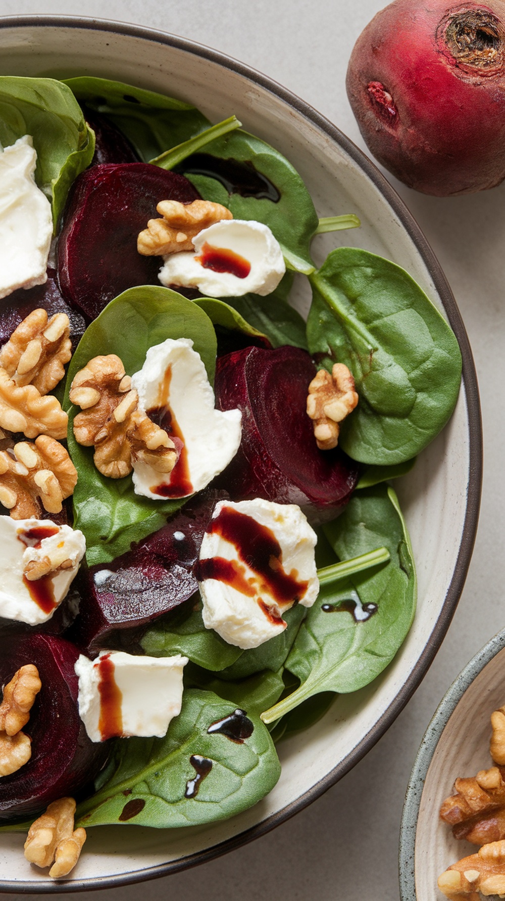 A fresh spinach salad with beets, goat cheese, and walnuts in a bowl.