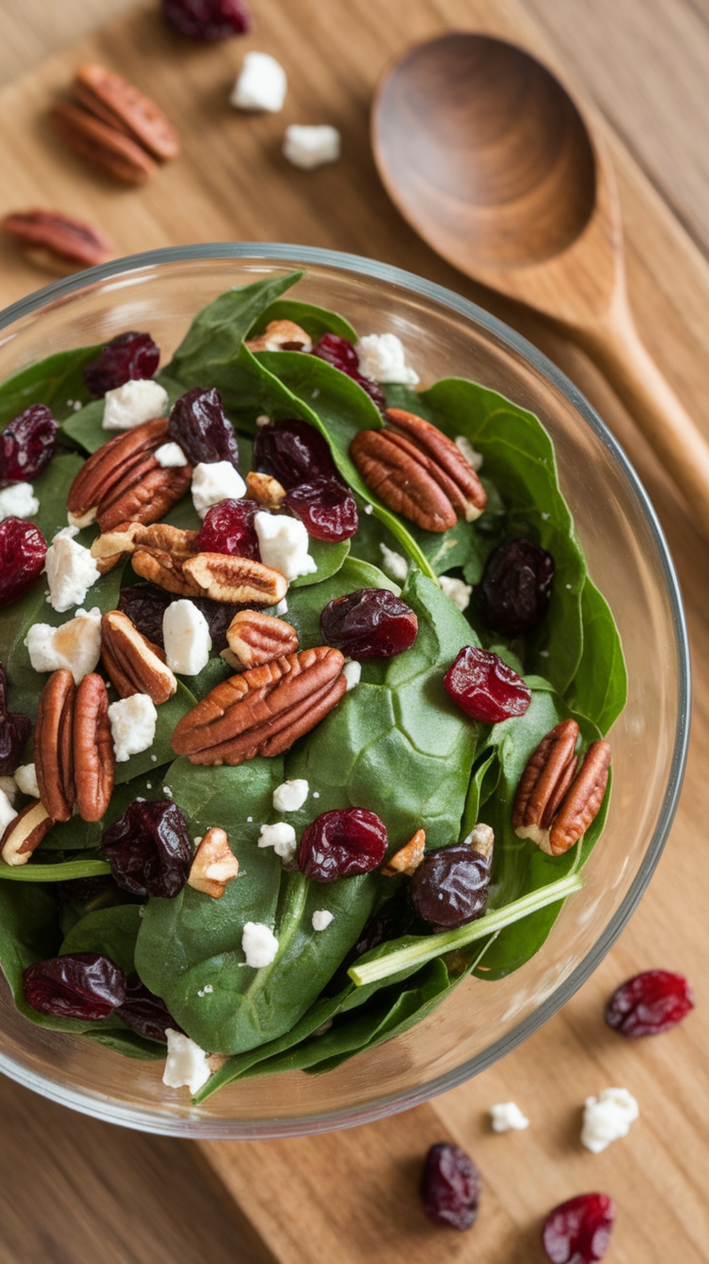 A fresh spinach salad topped with cranberries, pecans, and feta cheese in a glass bowl.