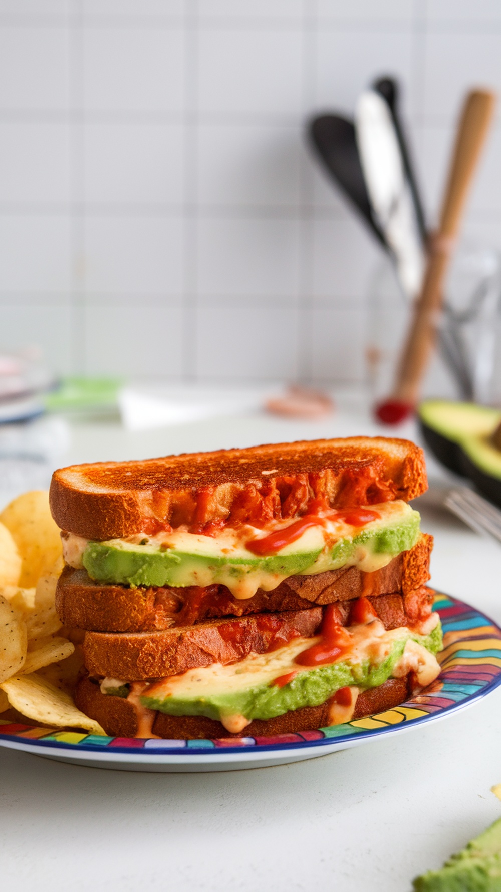 A delicious Sriracha and Avocado Grilled Cheese sandwich stacked on a colorful plate with chips.