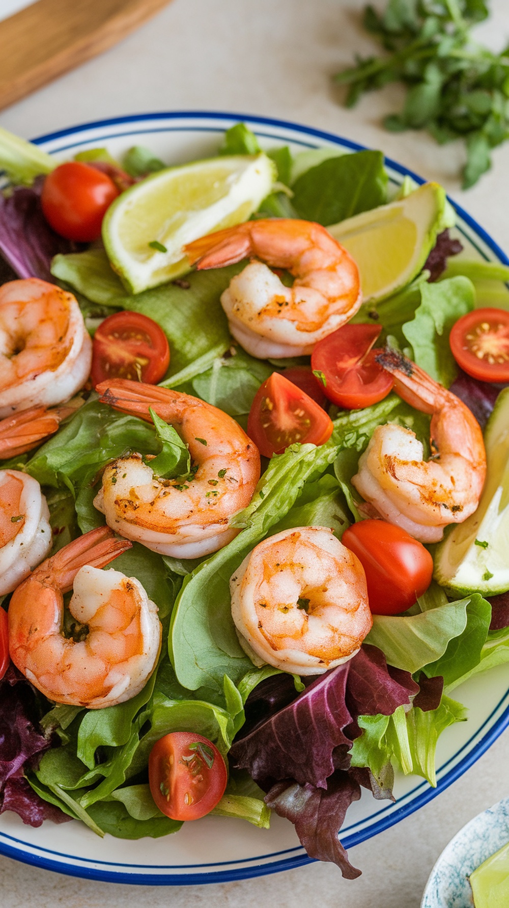 A colorful Sriracha Lime Grilled Shrimp Salad with shrimp, greens, and cherry tomatoes.