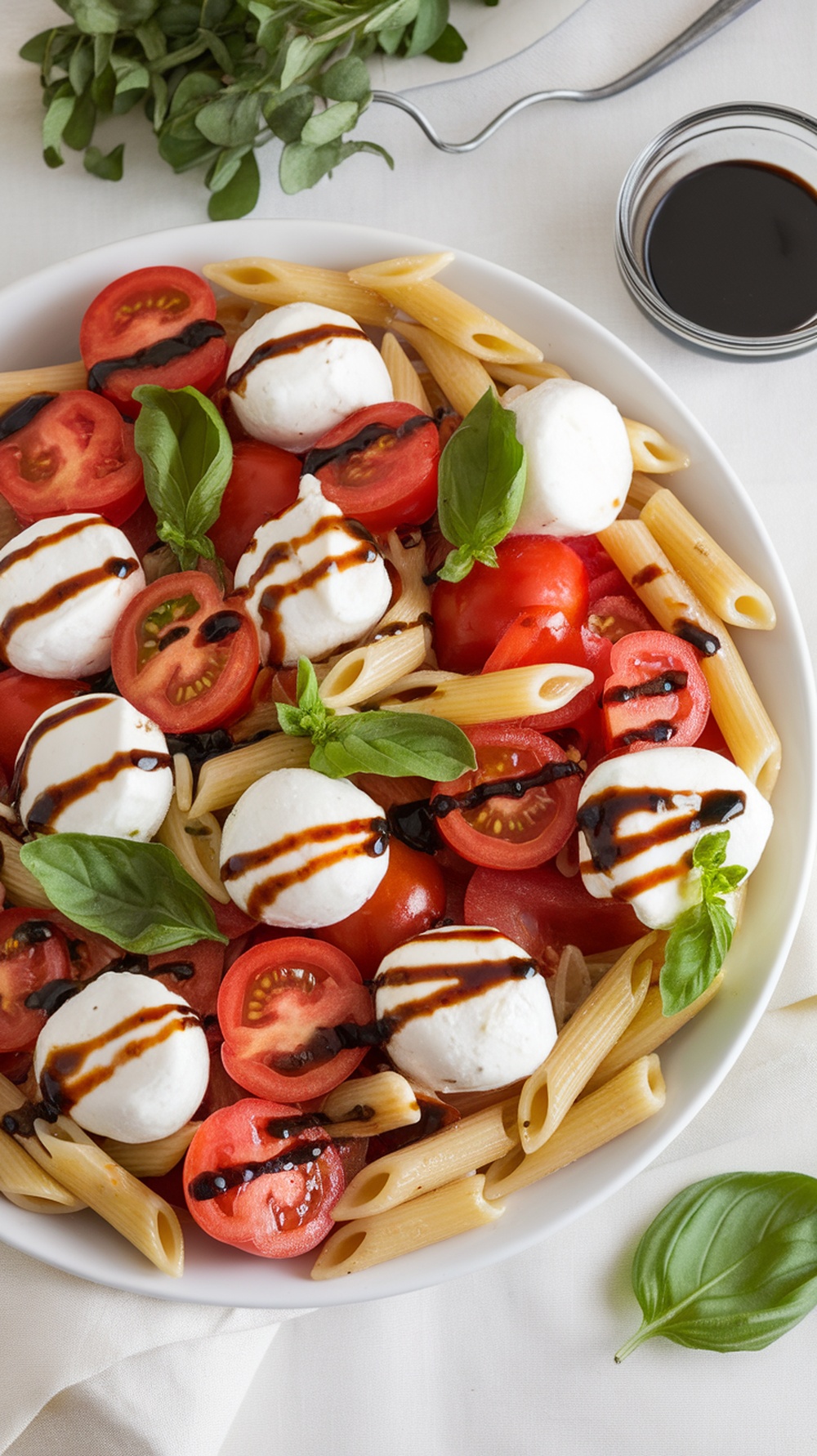A bowl of Caprese pasta salad with tomatoes, mozzarella, and basil drizzled with balsamic glaze.