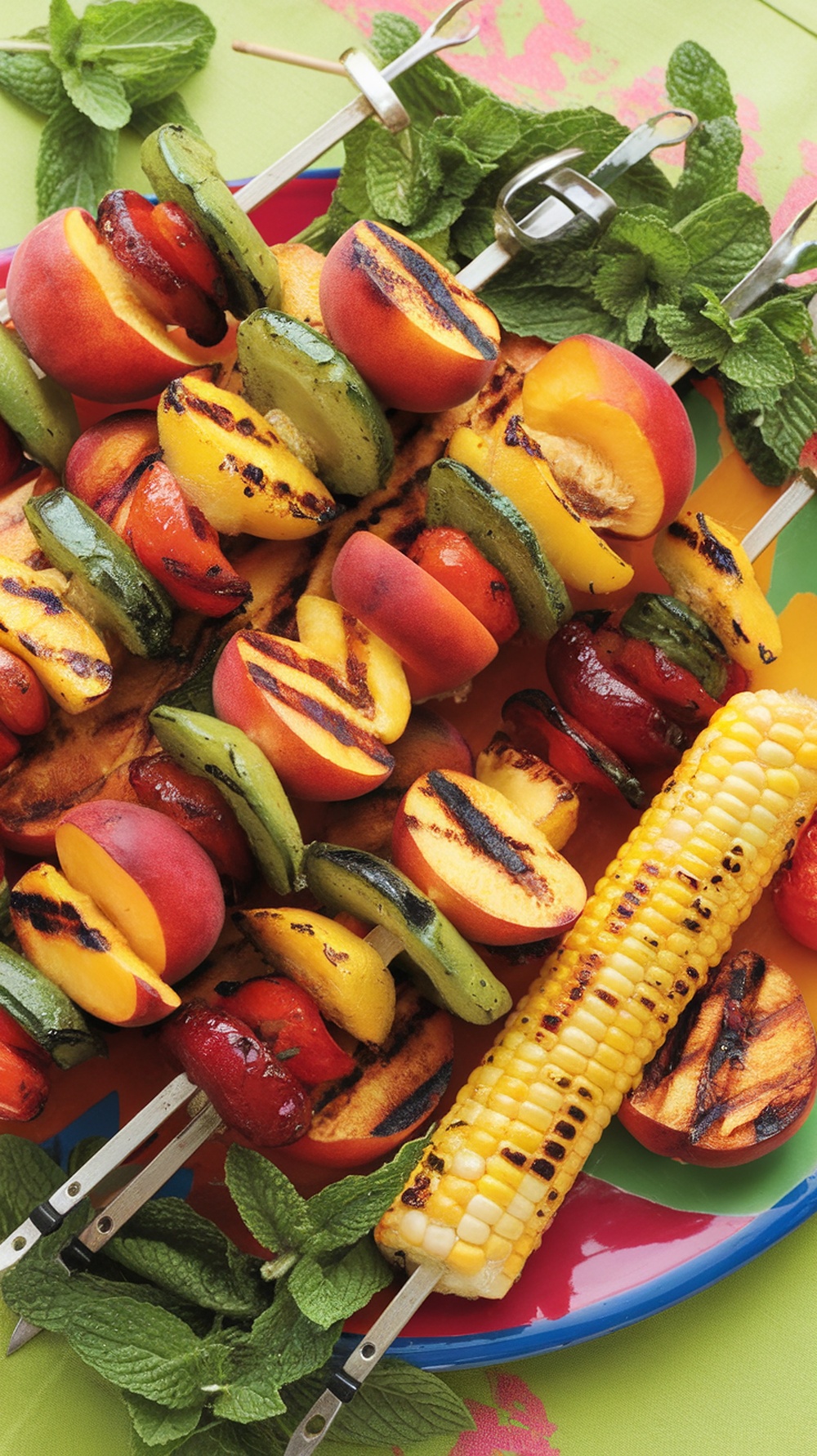 Colorful skewers of grilled peaches, bell peppers, and cherry tomatoes with corn on the side