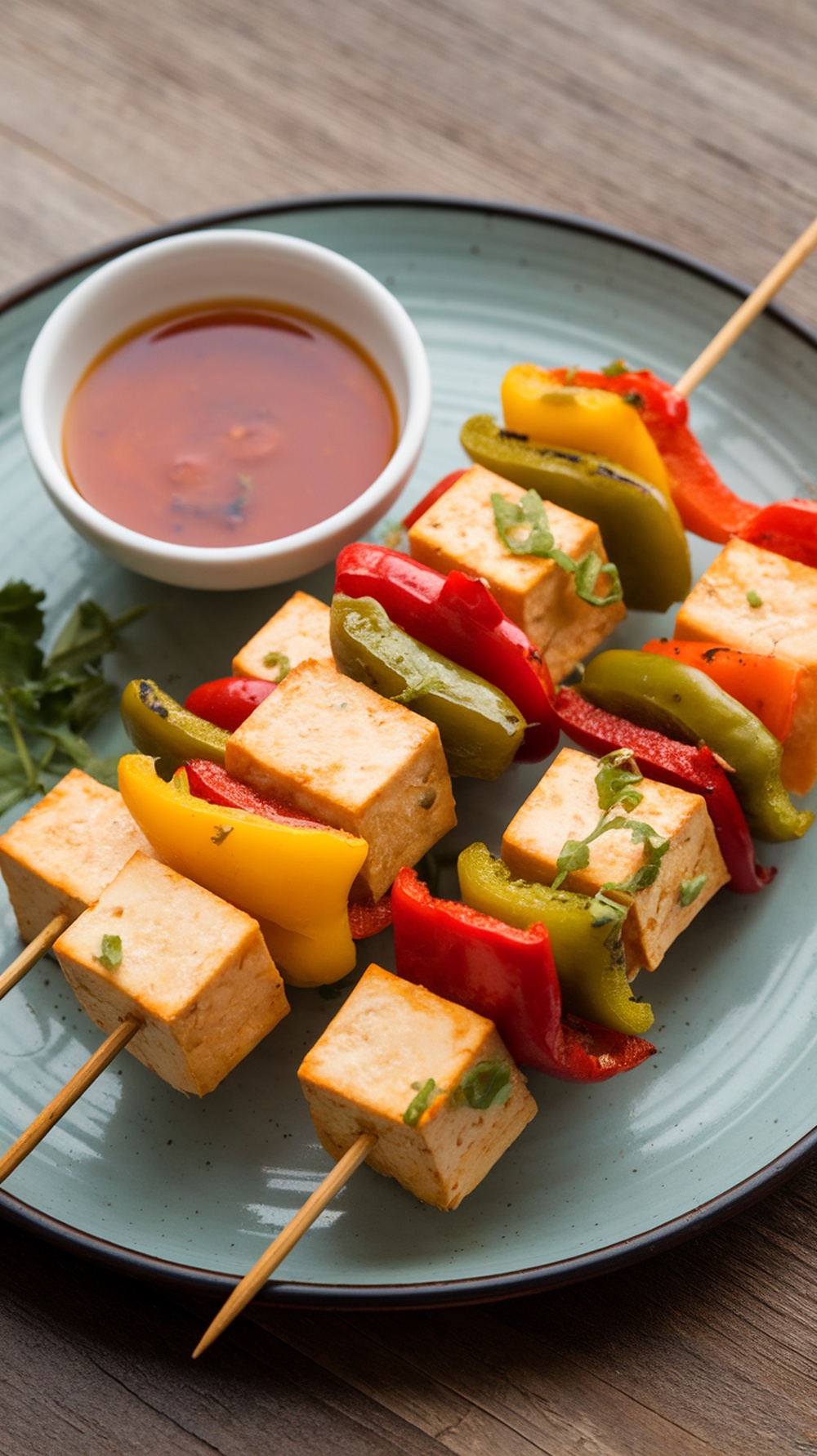 Sweet and sour tofu and bell pepper skewers on a plate with dipping sauce