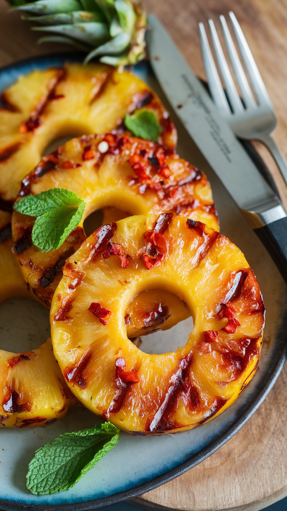 Grilled pineapple rings garnished with mint leaves on a plate