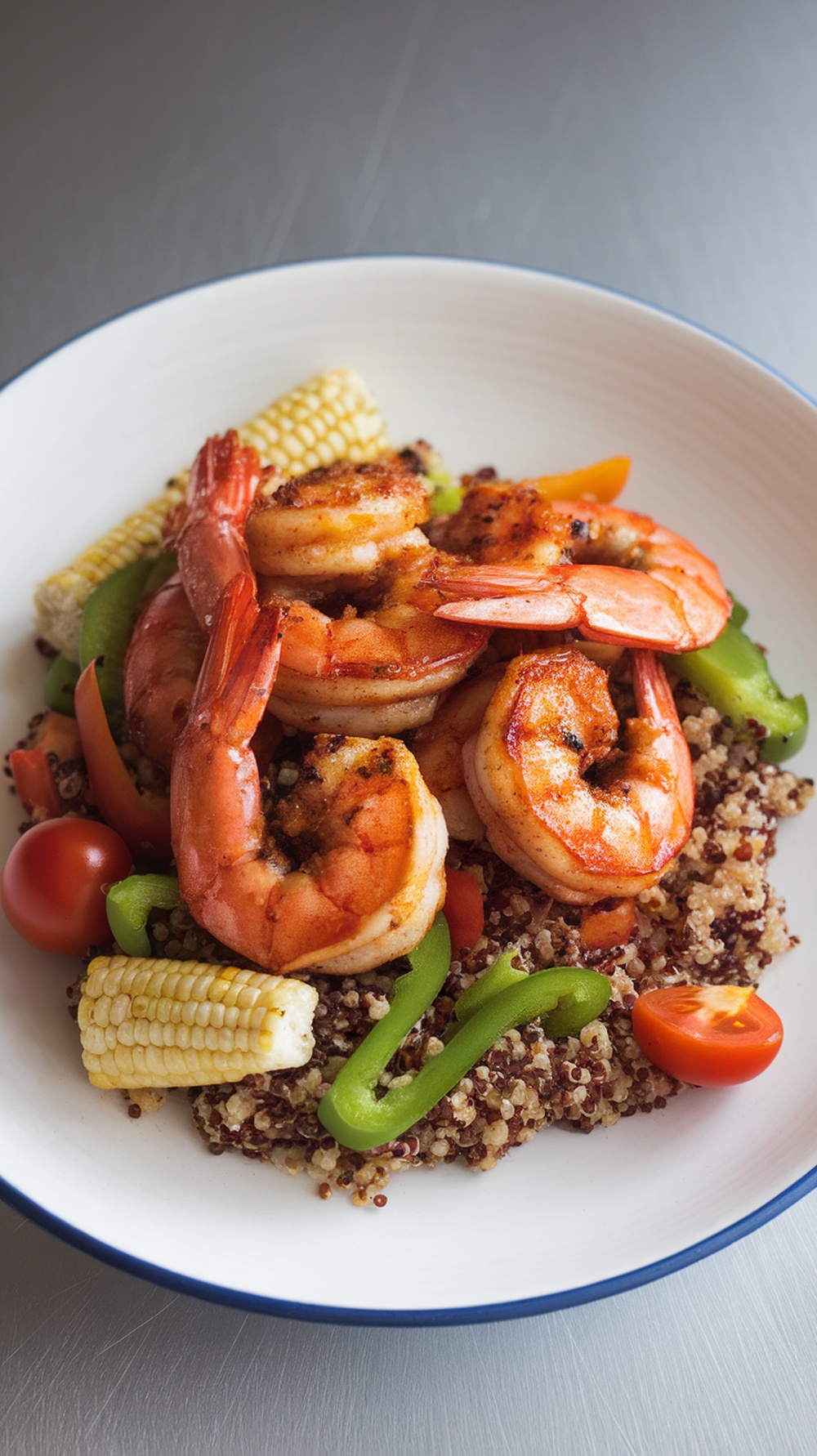 A bowl of sweet and spicy grilled shrimp served on a bed of quinoa with colorful vegetables.