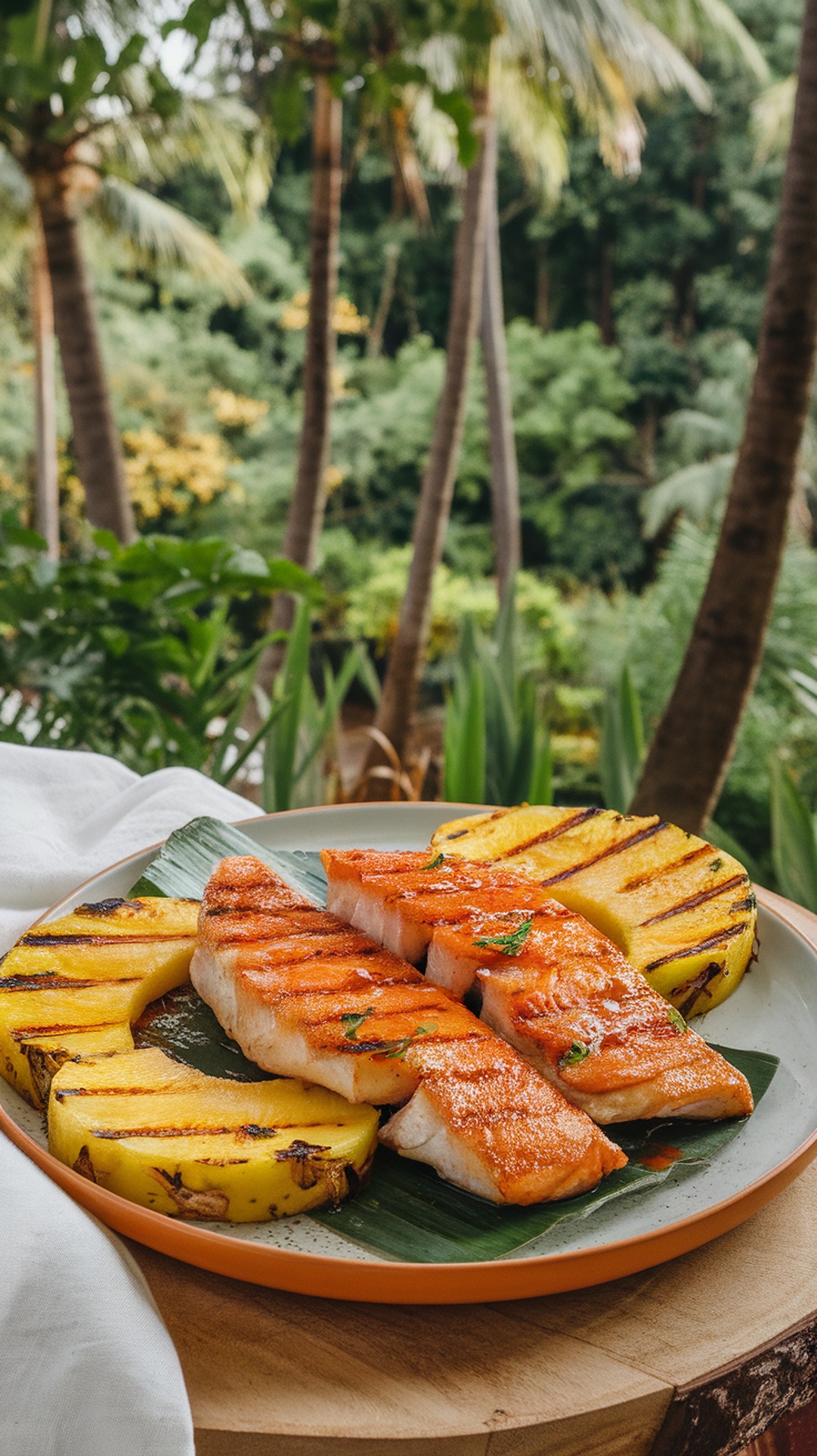 Grilled snapper fillets with pineapple rings on a plate, surrounded by tropical greenery.