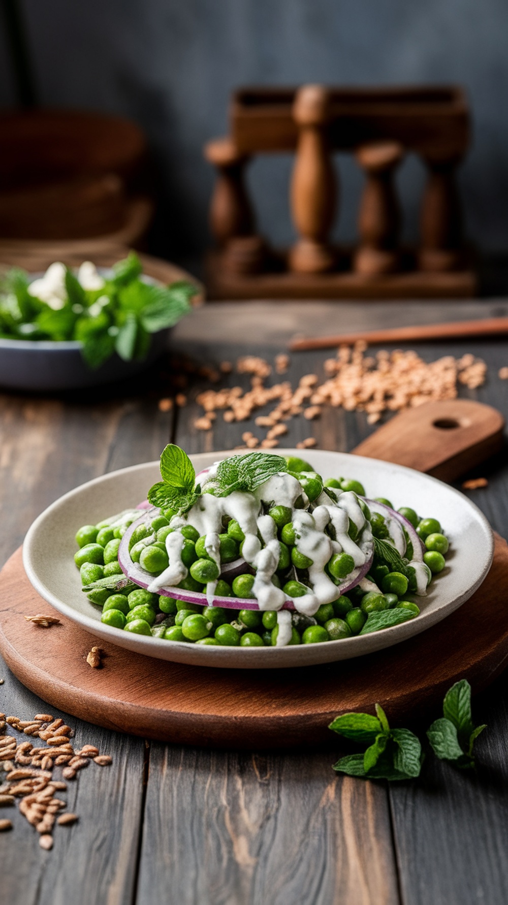 A delicious sweet pea salad with creamy yogurt dressing, garnished with mint leaves.