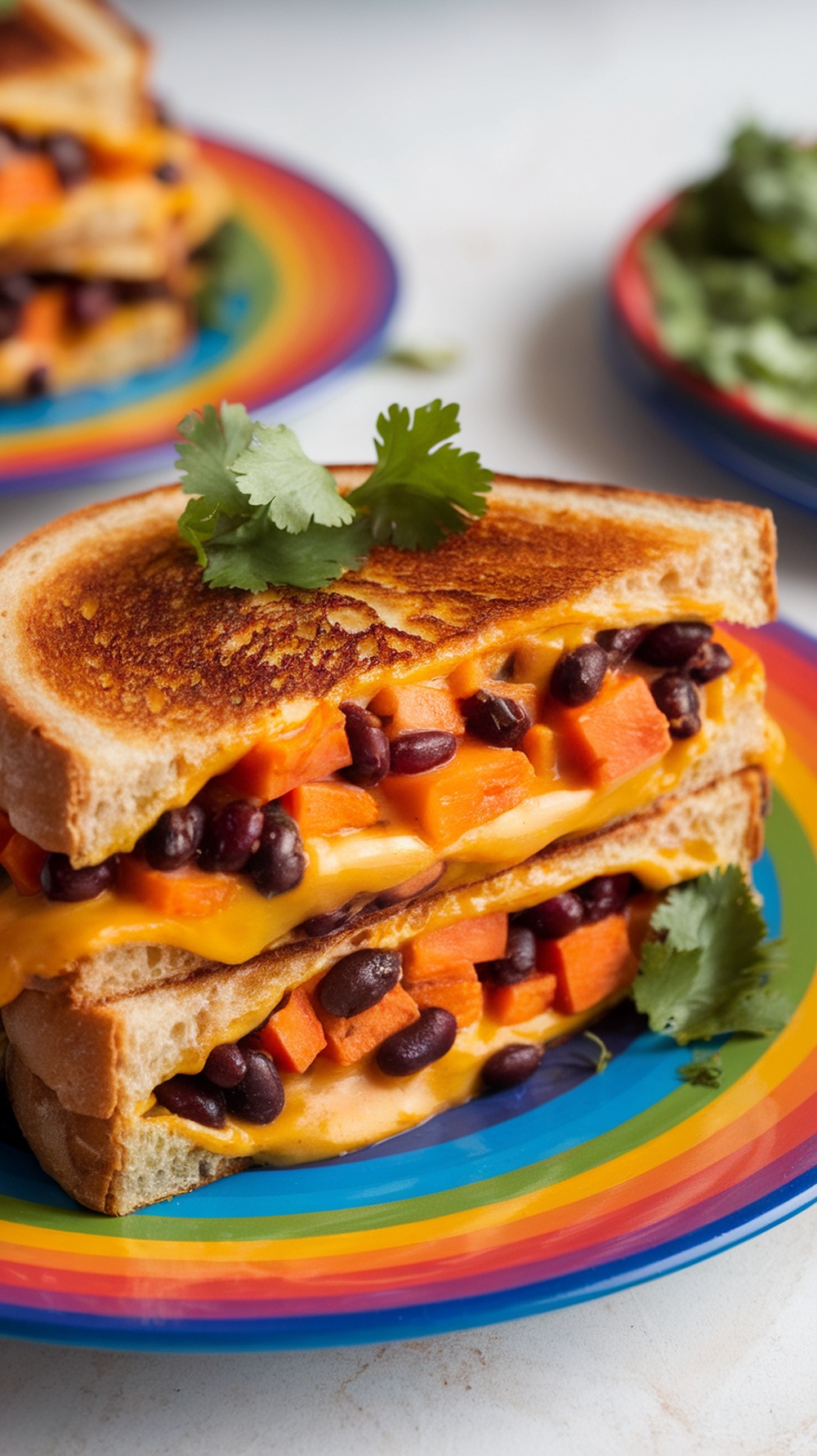 A delicious Sweet Potato and Black Bean Grilled Cheese sandwich on a colorful plate.