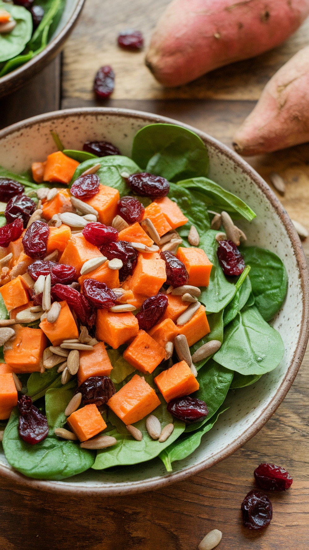 A bowl of Sweet Potato and Spinach Salad with cranberries and sunflower seeds.