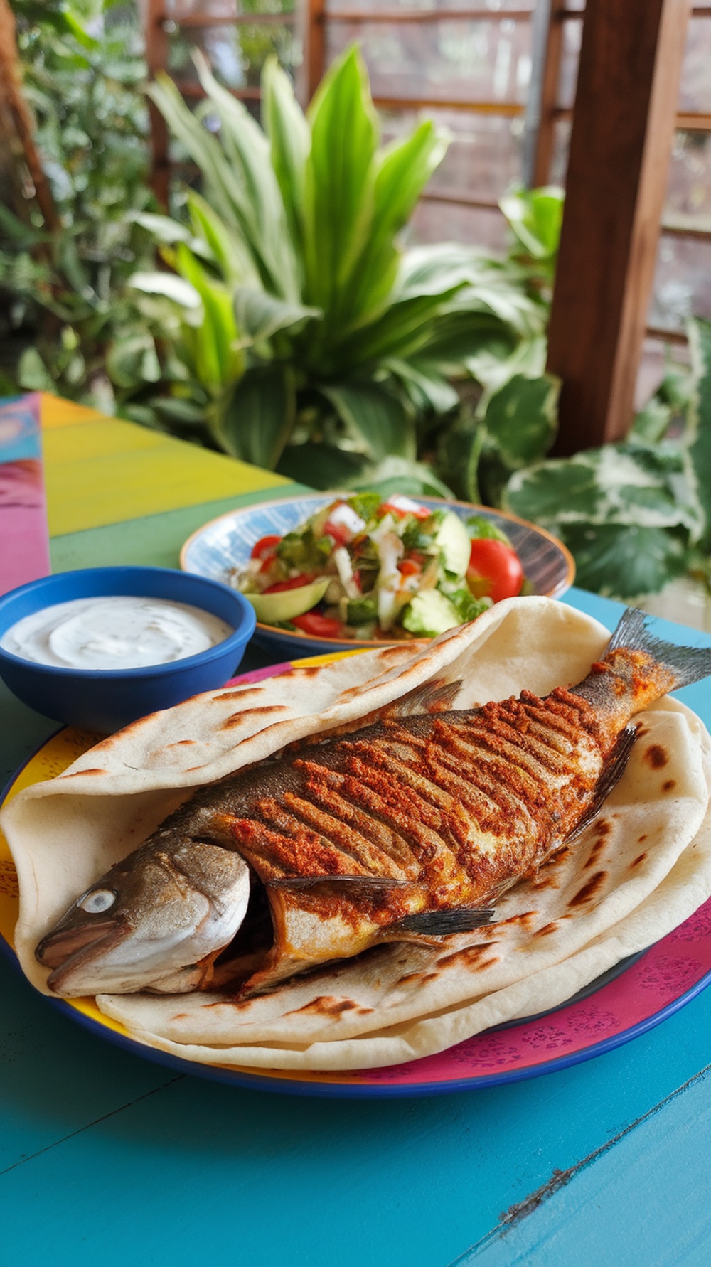 Tandoori spiced grilled fish wraps served with salad and yogurt sauce