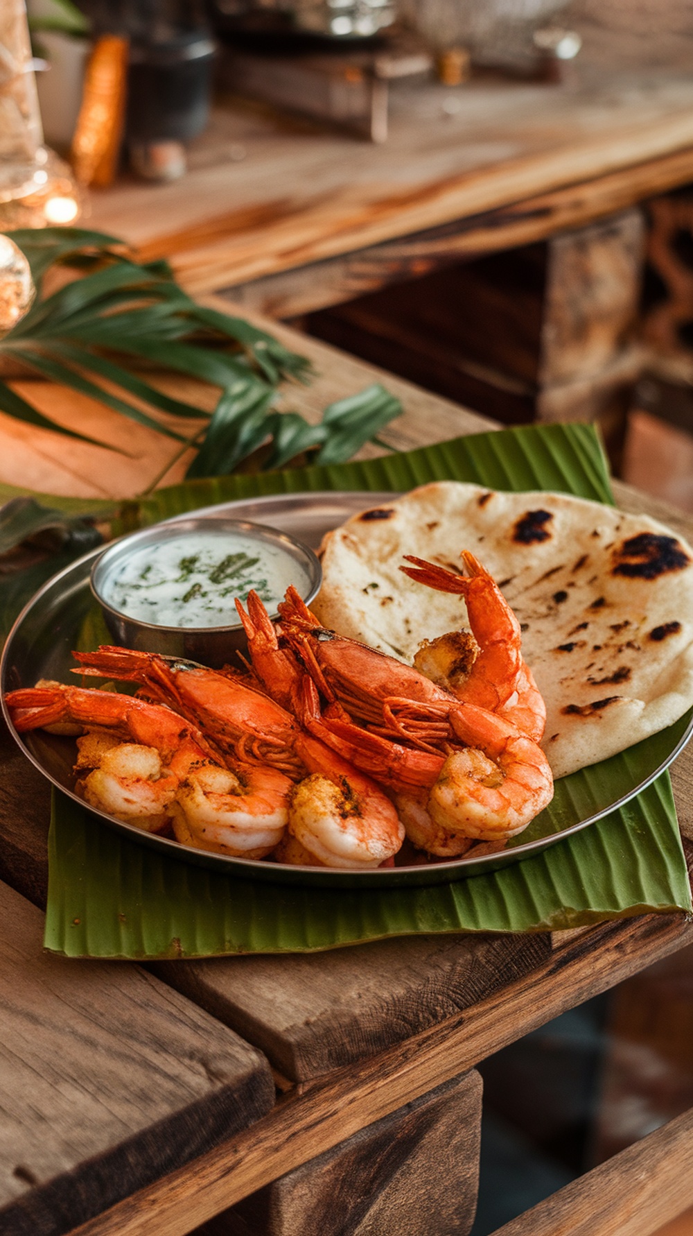 Plate of tandoori spiced grilled shrimp with naan and yogurt sauce