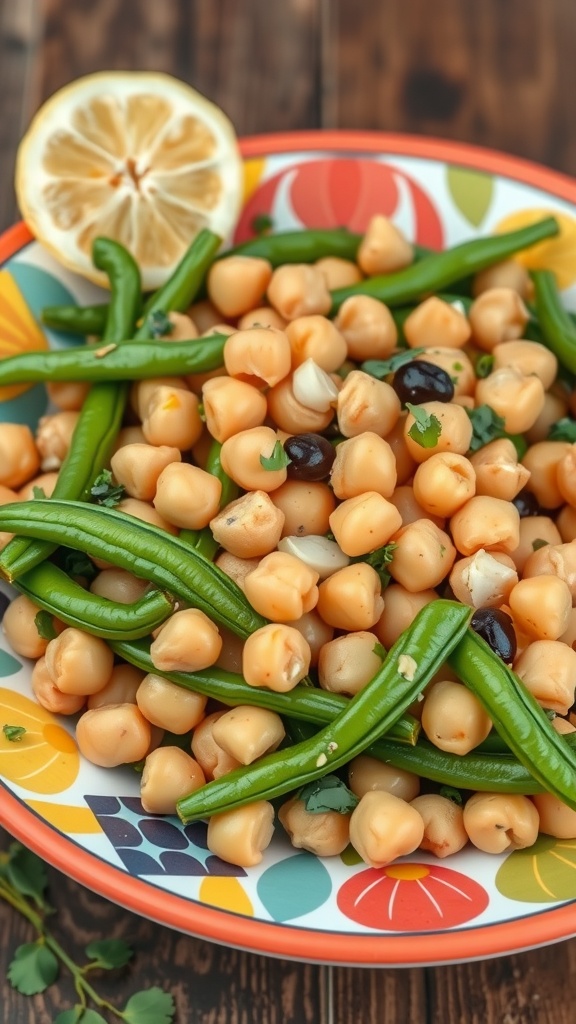 A colorful plate of Tangy Chickpea and Green Bean Salad with lemon slices.