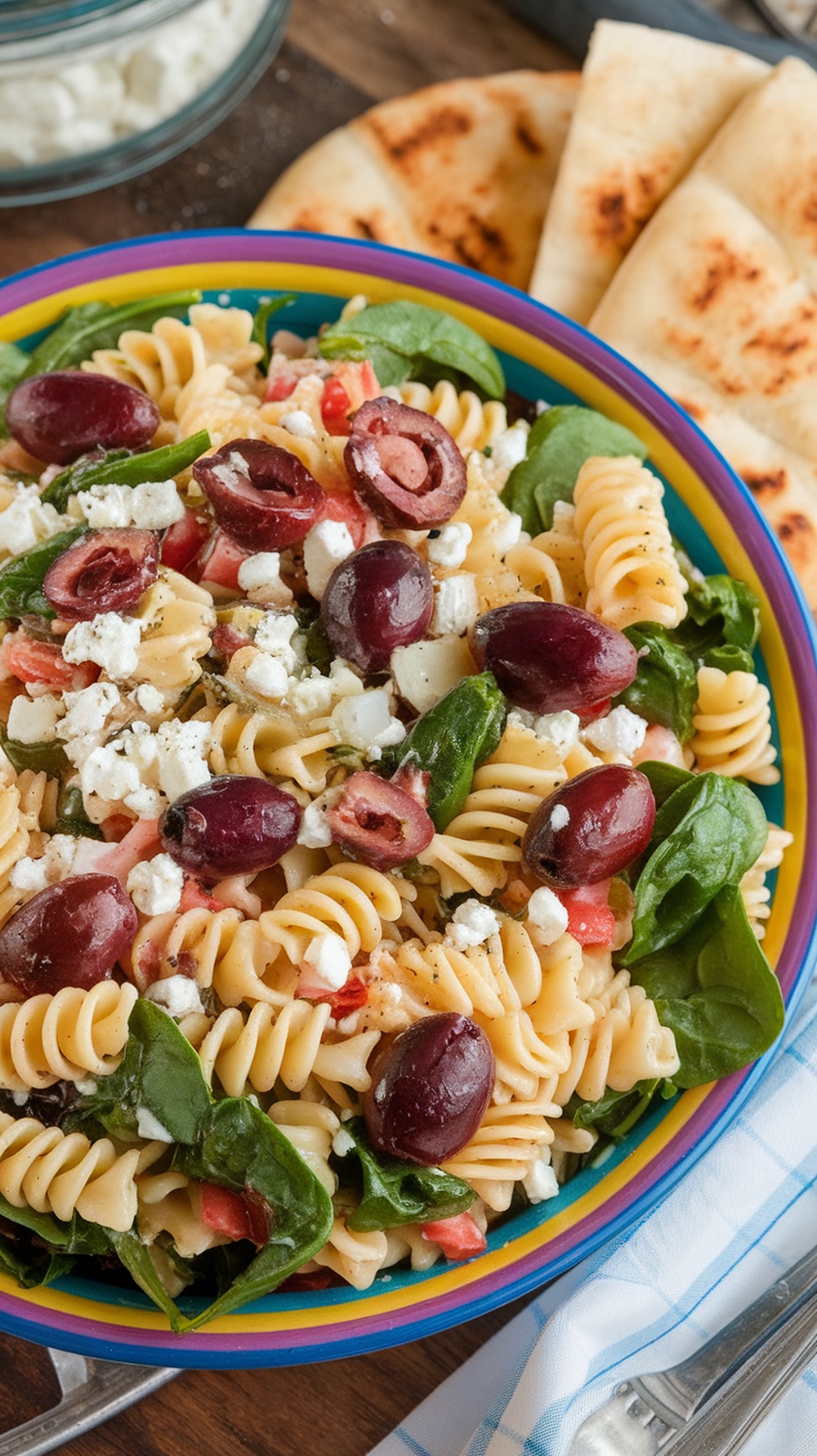 A colorful bowl of Tangy Greek Pasta Salad with artichokes, spinach, olives, and feta cheese.