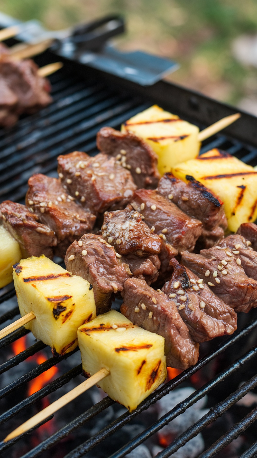 Grilled teriyaki beef and pineapple skewers on a barbecue grill