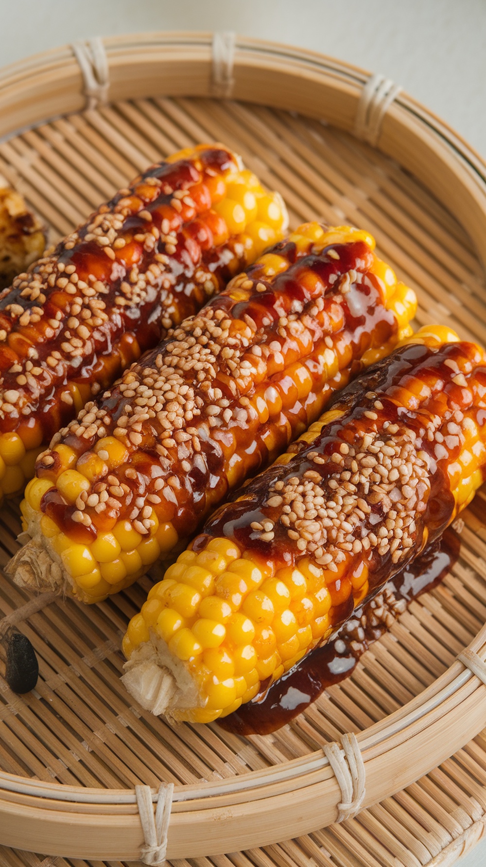 Grilled corn on the cob glazed with teriyaki sauce and sprinkled with sesame seeds