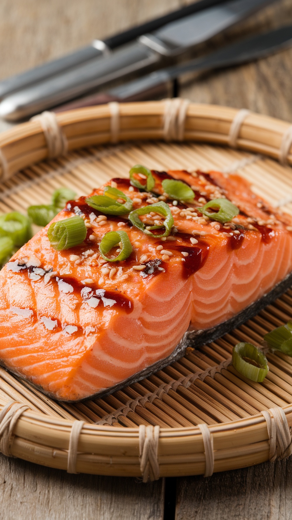 Teriyaki glazed grilled salmon fillet garnished with green onions and sesame seeds on a bamboo plate.