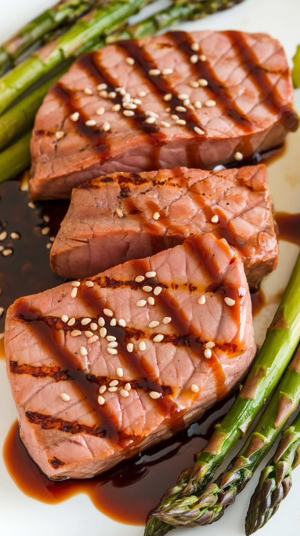 Grilled tuna steaks with teriyaki glaze and asparagus