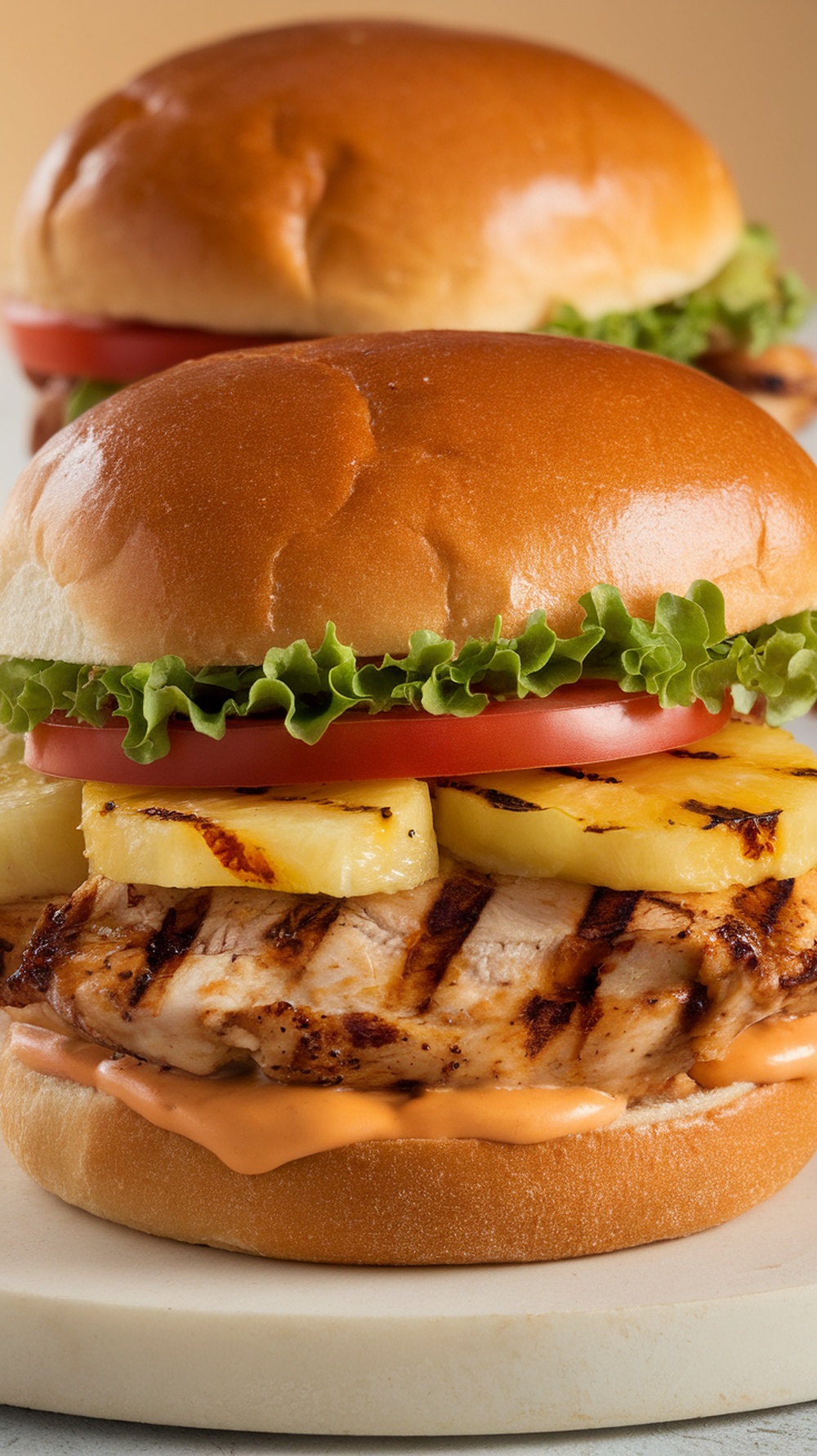 A delicious Teriyaki Grilled Chicken Sandwich with pineapple, lettuce, and tomato on a soft bun.