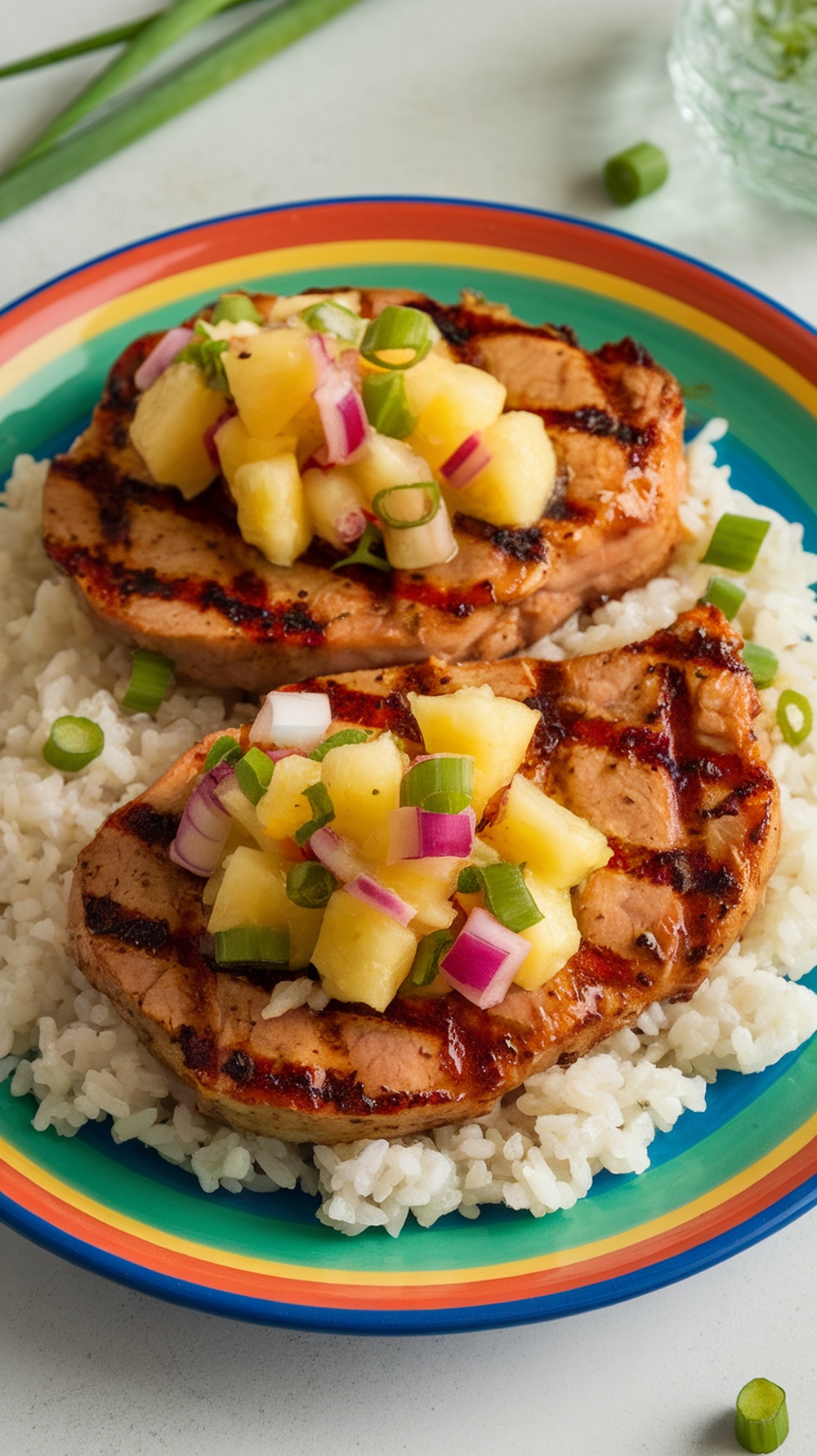 Grilled pork chops topped with pineapple salsa on a colorful plate with rice.