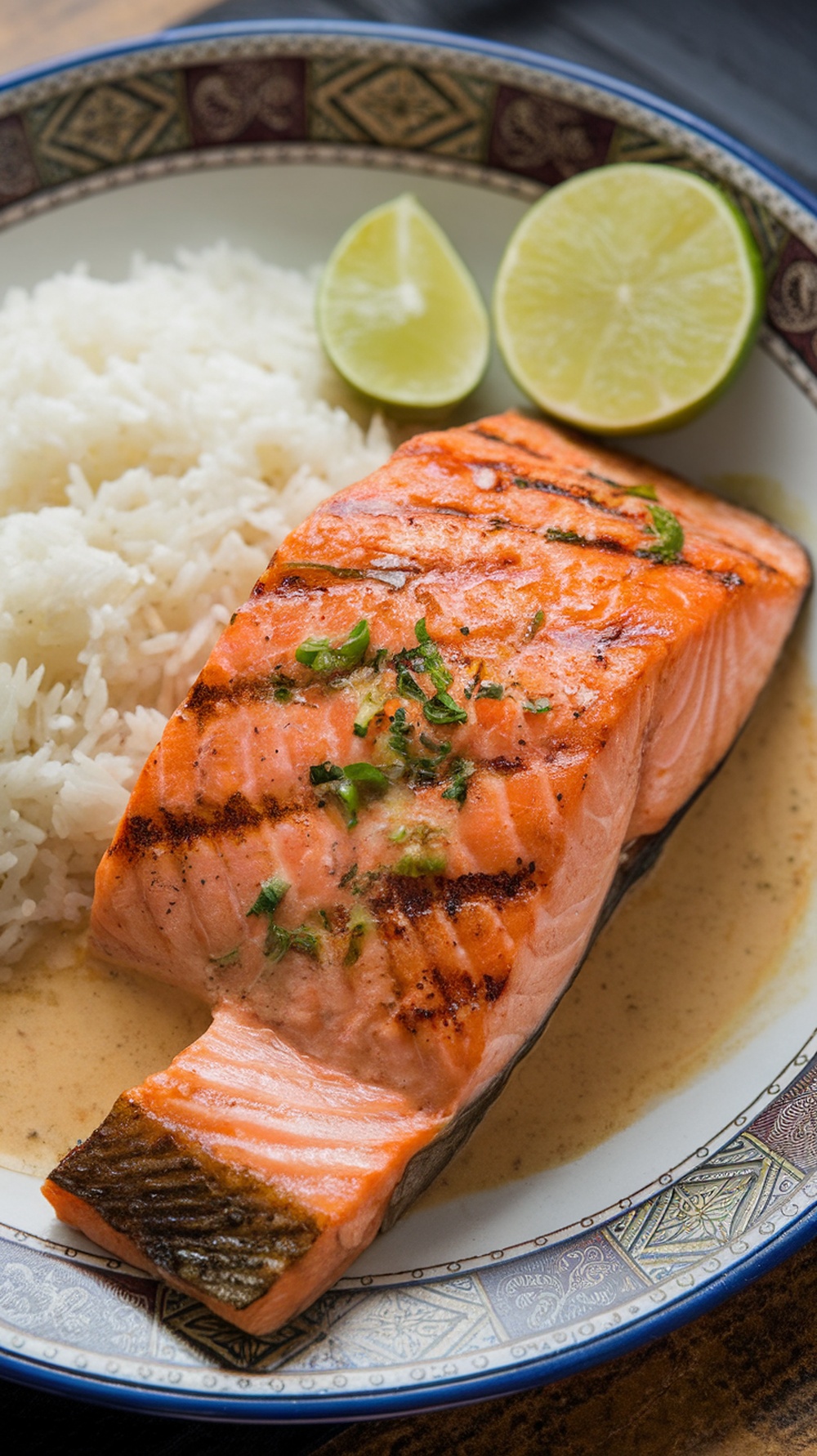 A plate of Thai Coconut Grilled Salmon served with rice and lime wedges.