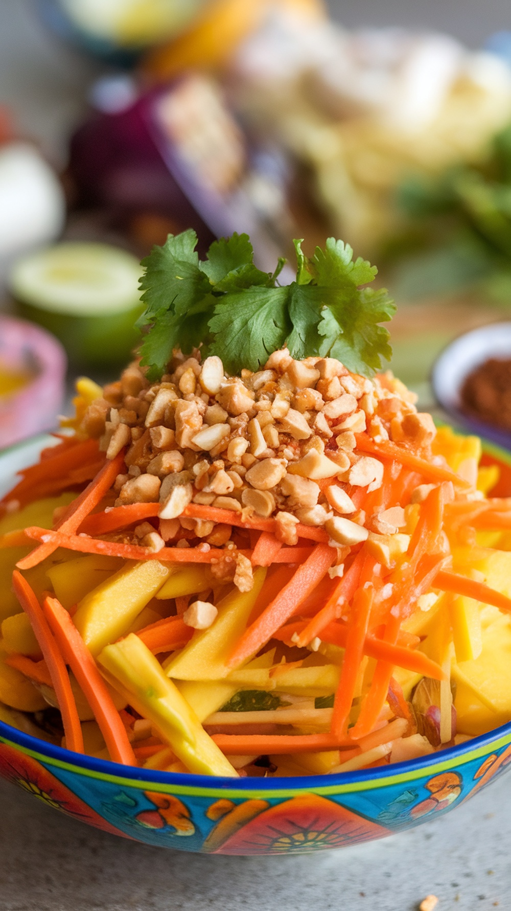 A colorful Thai Mango Salad topped with chopped peanuts and cilantro, featuring vibrant mango, carrots, and cucumber.