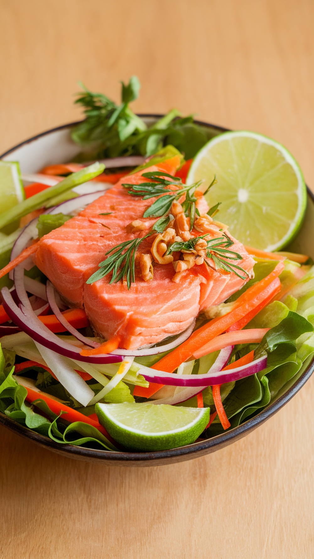 A vibrant Thai Mango Salmon Salad with fresh vegetables and lime