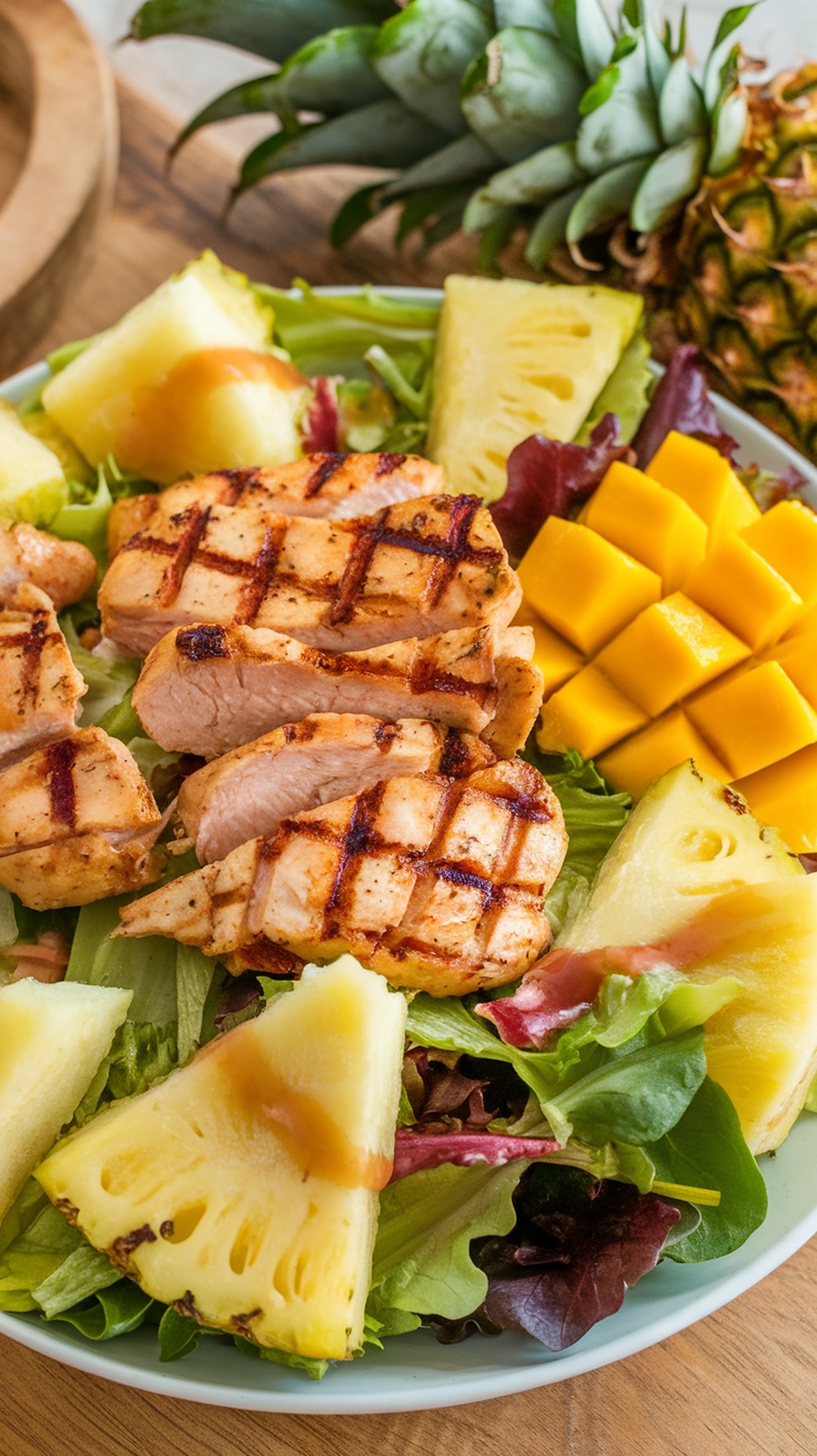 A colorful Tropical Grilled Chicken Salad featuring grilled chicken, pineapple, and mango on a bed of mixed greens.