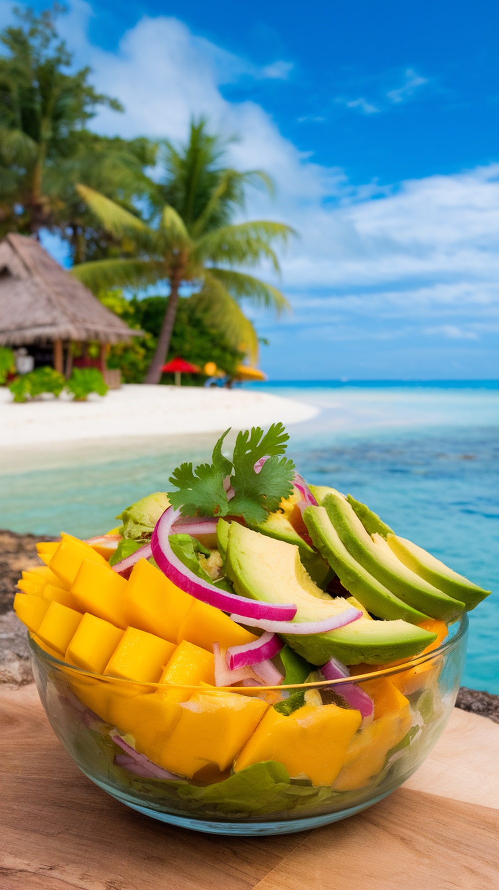 A colorful bowl of tropical mango avocado salad with diced mangoes, avocados, red onion, and cilantro, set against a beach backdrop.