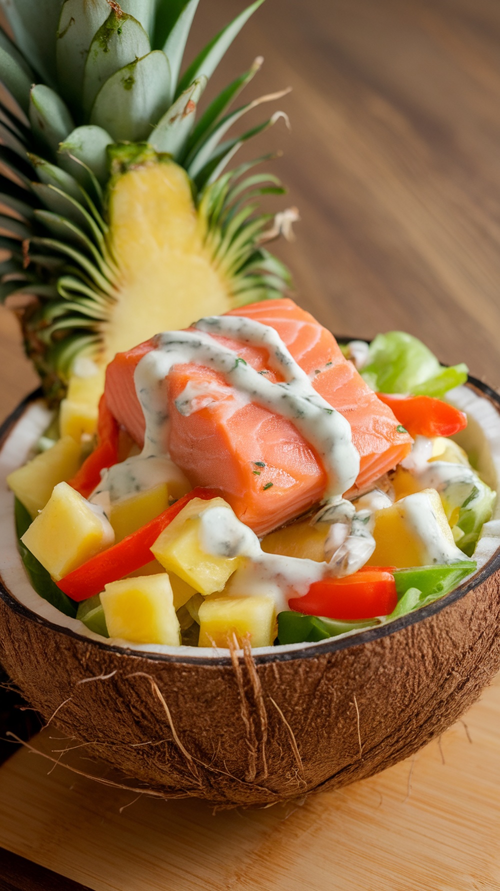 A vibrant Tropical Pineapple Salmon Salad served in a coconut bowl, featuring salmon, pineapple, and colorful vegetables.