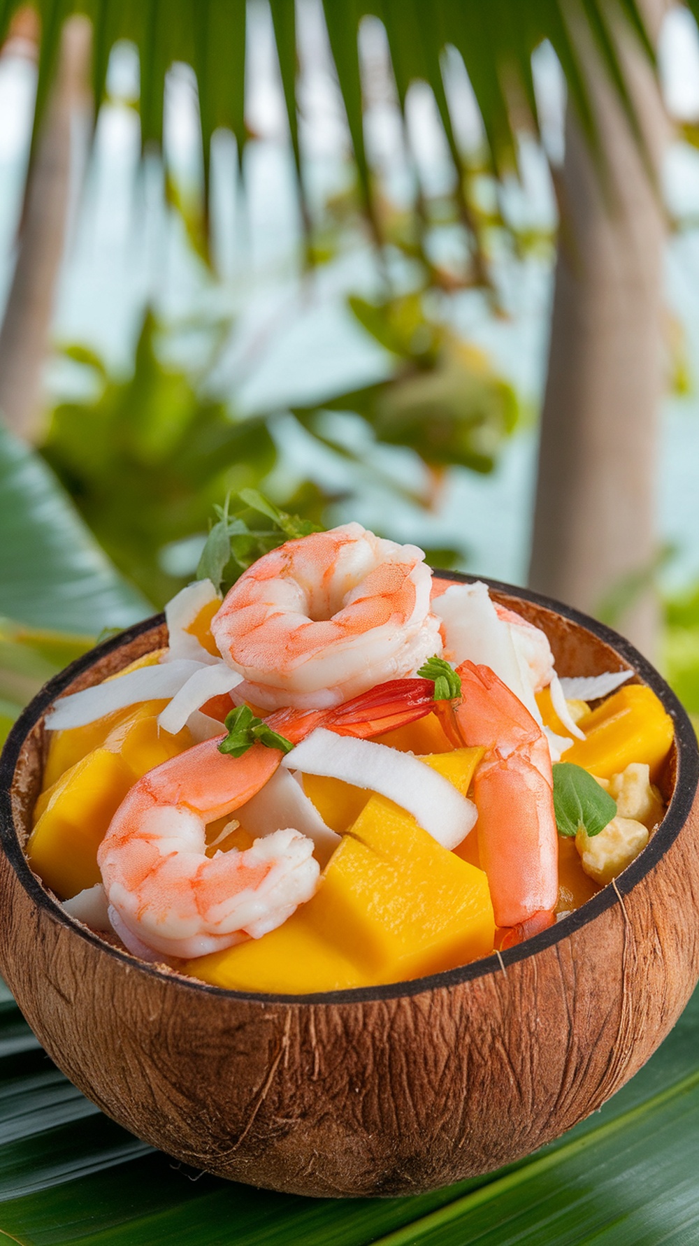A bowl of tropical shrimp salad with mango and coconut, garnished with fresh herbs.