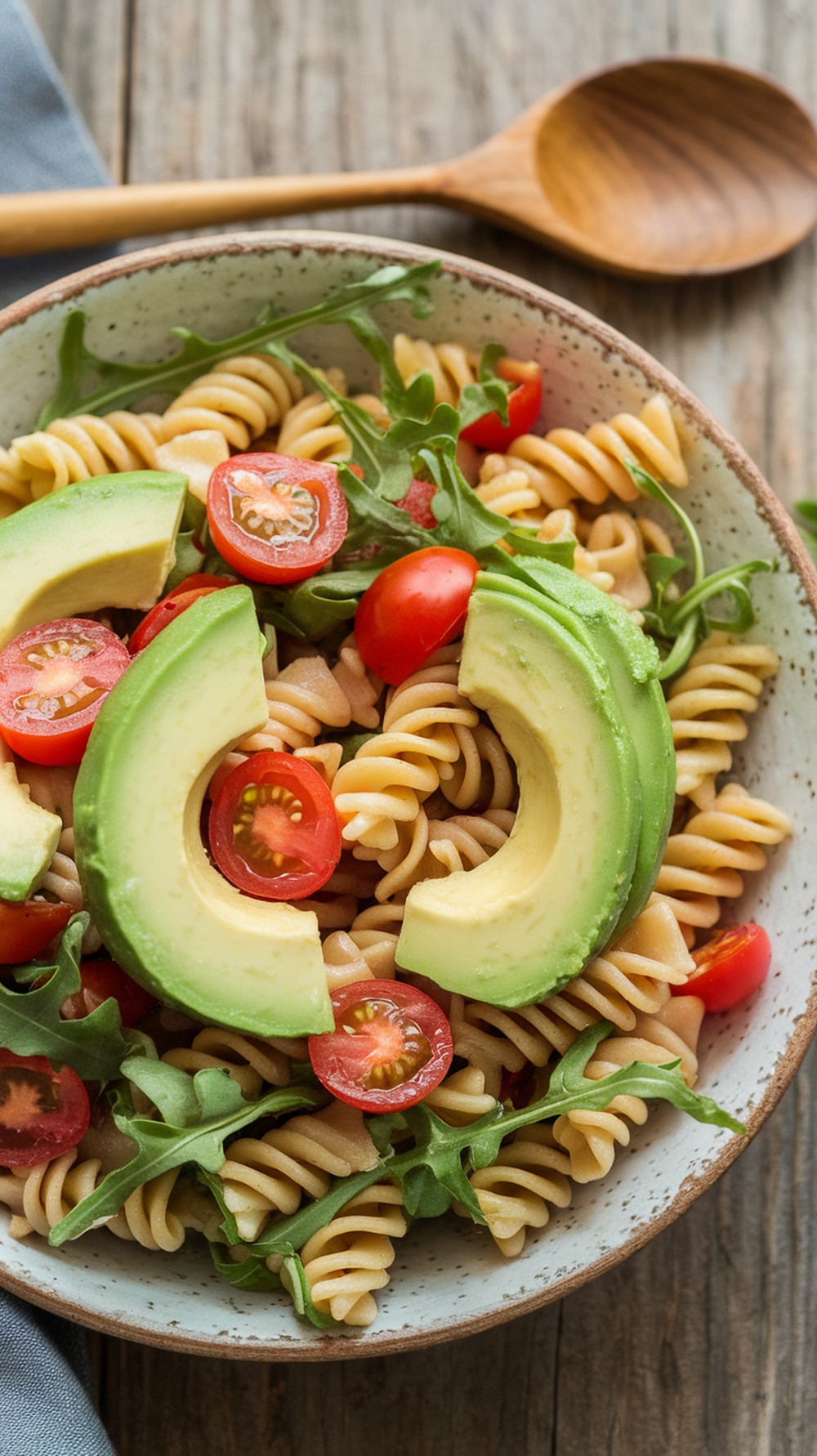 A bowl of vegan pasta salad with avocado and cherry tomatoes
