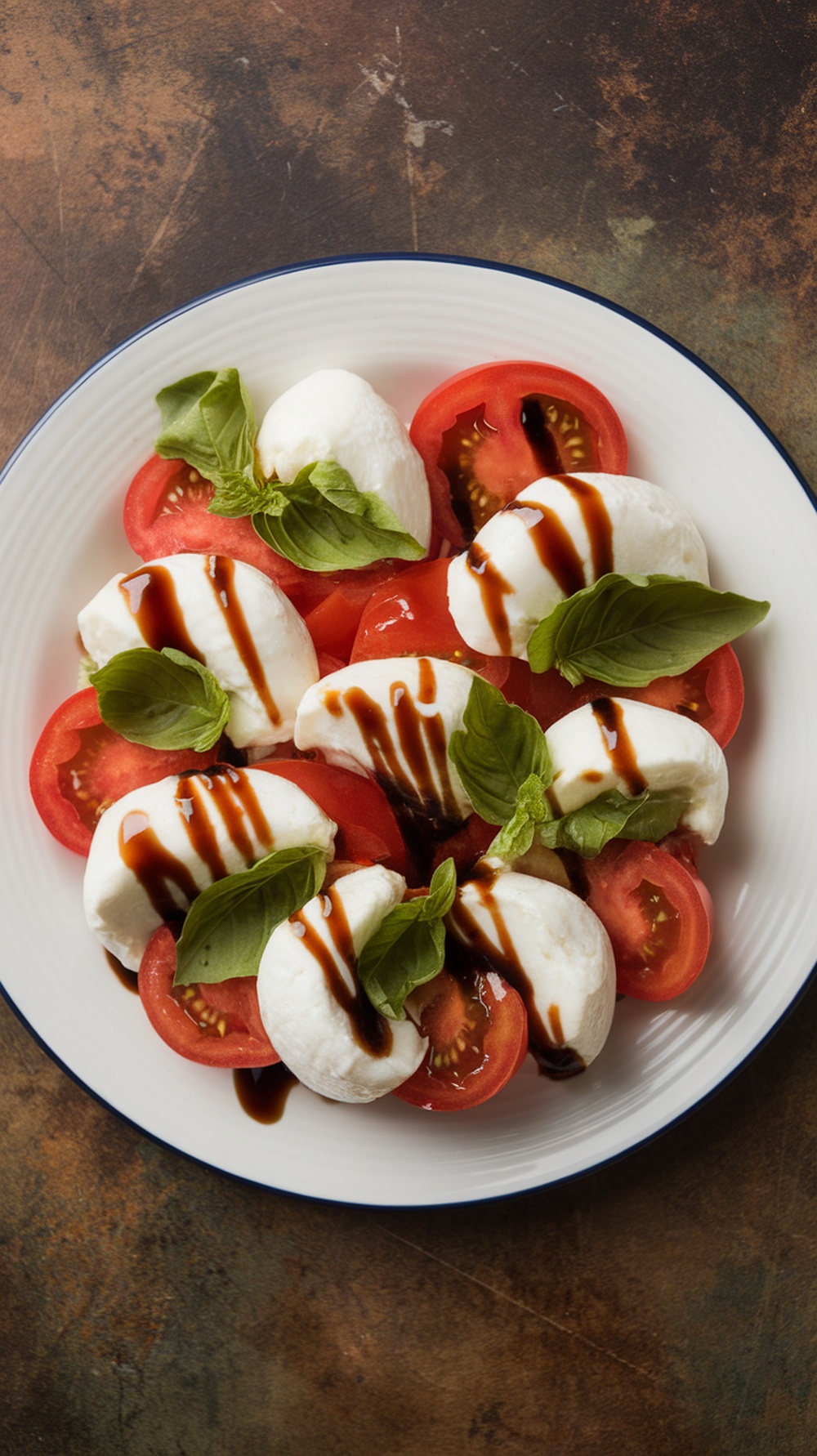A vibrant Caprese salad featuring sliced tomatoes, mozzarella, and fresh basil drizzled with balsamic glaze.
