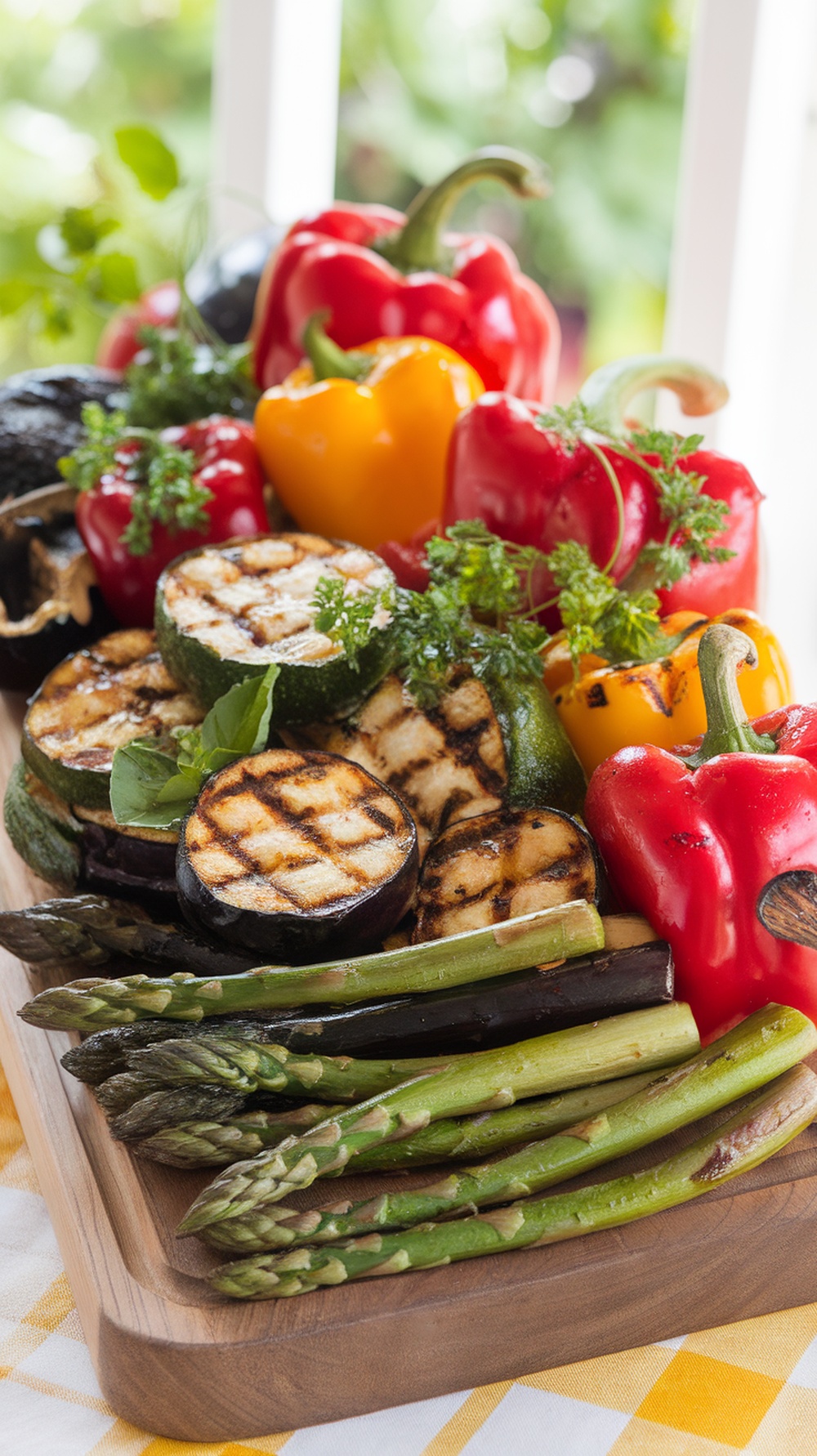 A colorful platter of grilled vegetables including bell peppers, zucchini, eggplant, and asparagus.