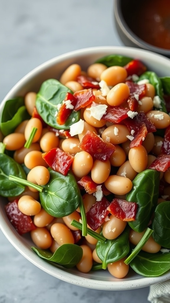 A warm bean salad with bacon and spinach in a bowl, garnished with feta cheese.