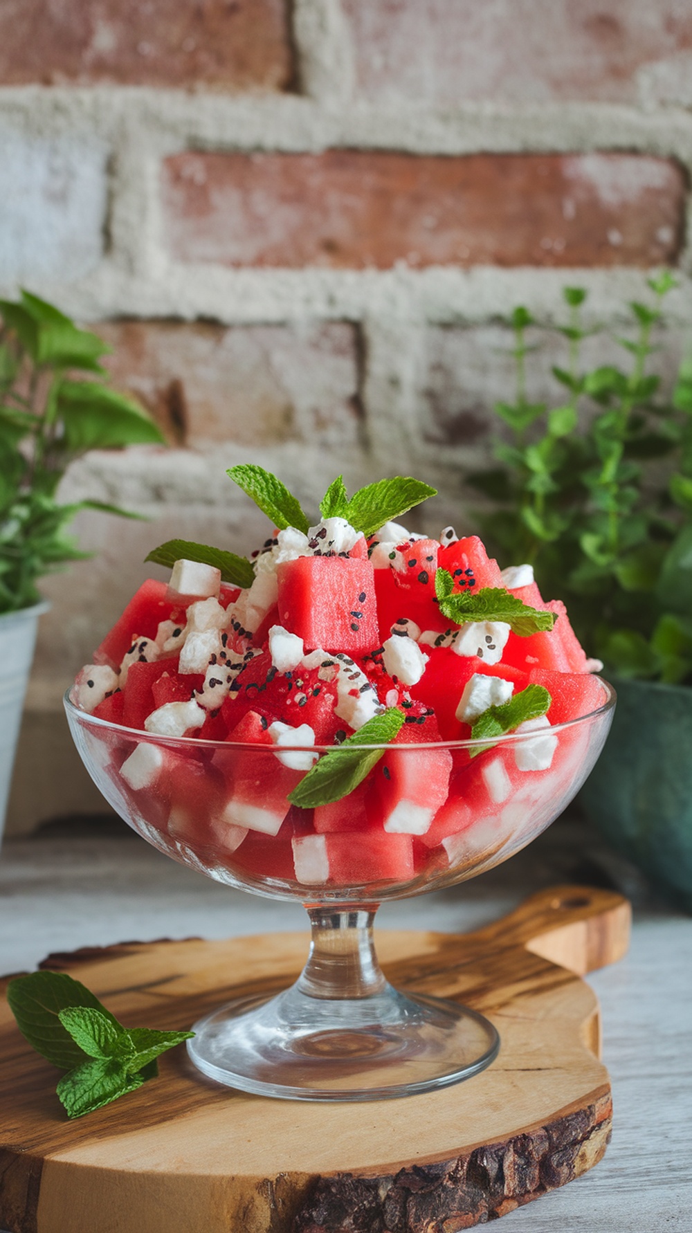 A vibrant watermelon and feta salad garnished with mint leaves, served in a glass bowl.