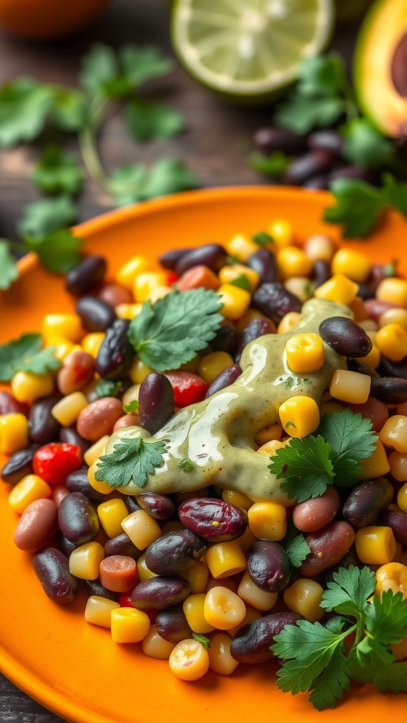 A colorful Zesty Bean and Corn Salad topped with cilantro lime dressing on an orange plate.